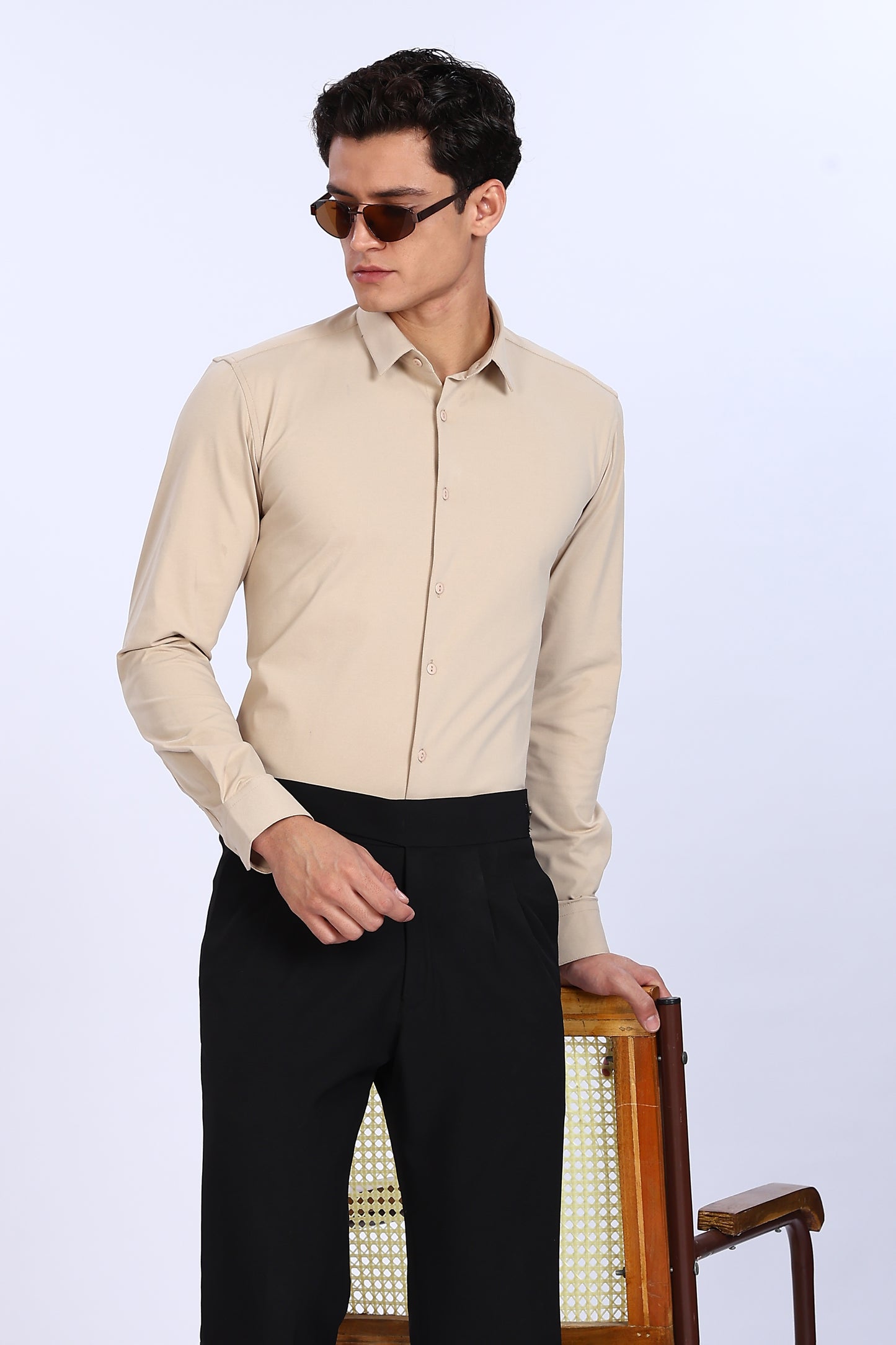 Regular Fit Solid 4 way Light Beige Lycra Shirt