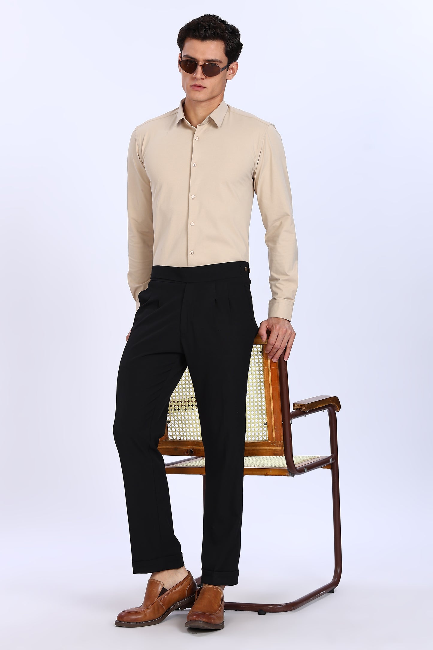 Regular Fit Solid 4 way Light Beige Lycra Shirt
