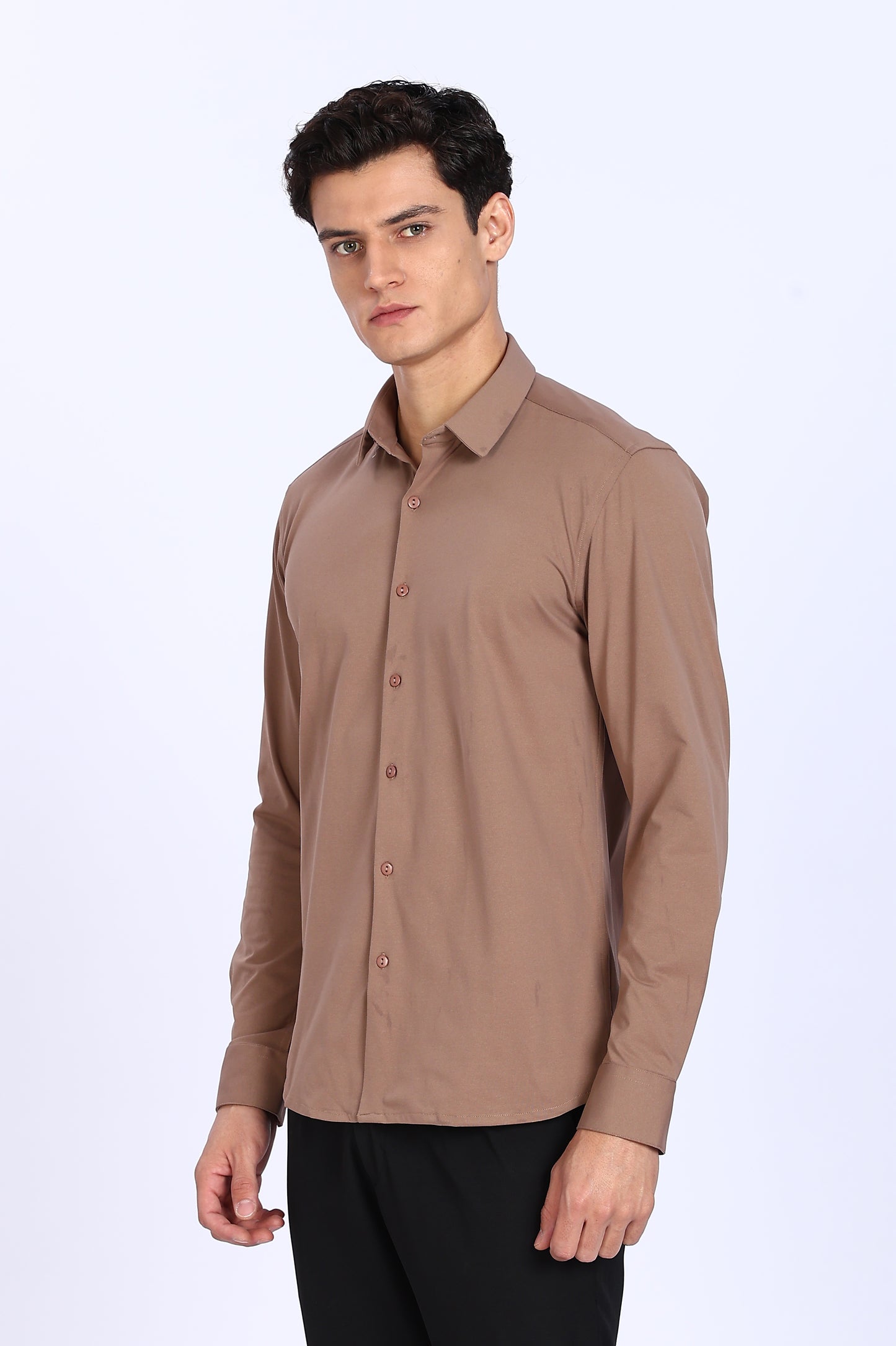 Regular Fit Light Brown 4 Way Lycra Solid Shirt