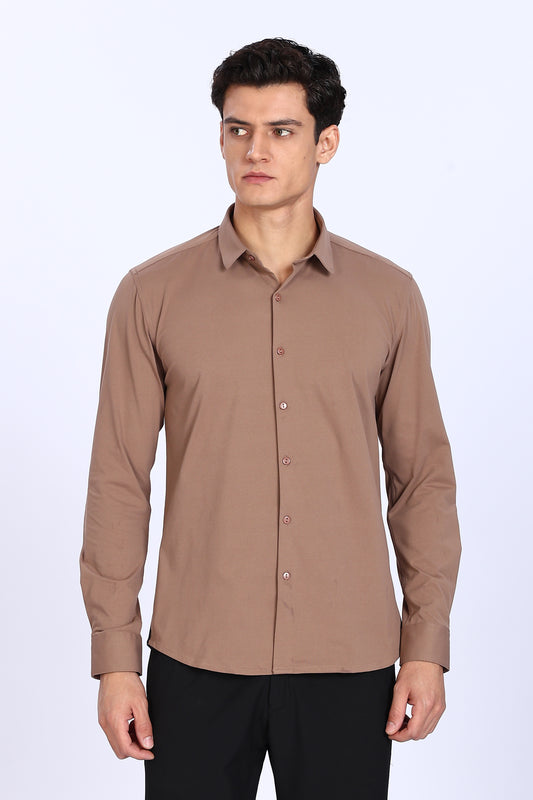 Regular Fit Light Brown 4 Way Lycra Solid Shirt