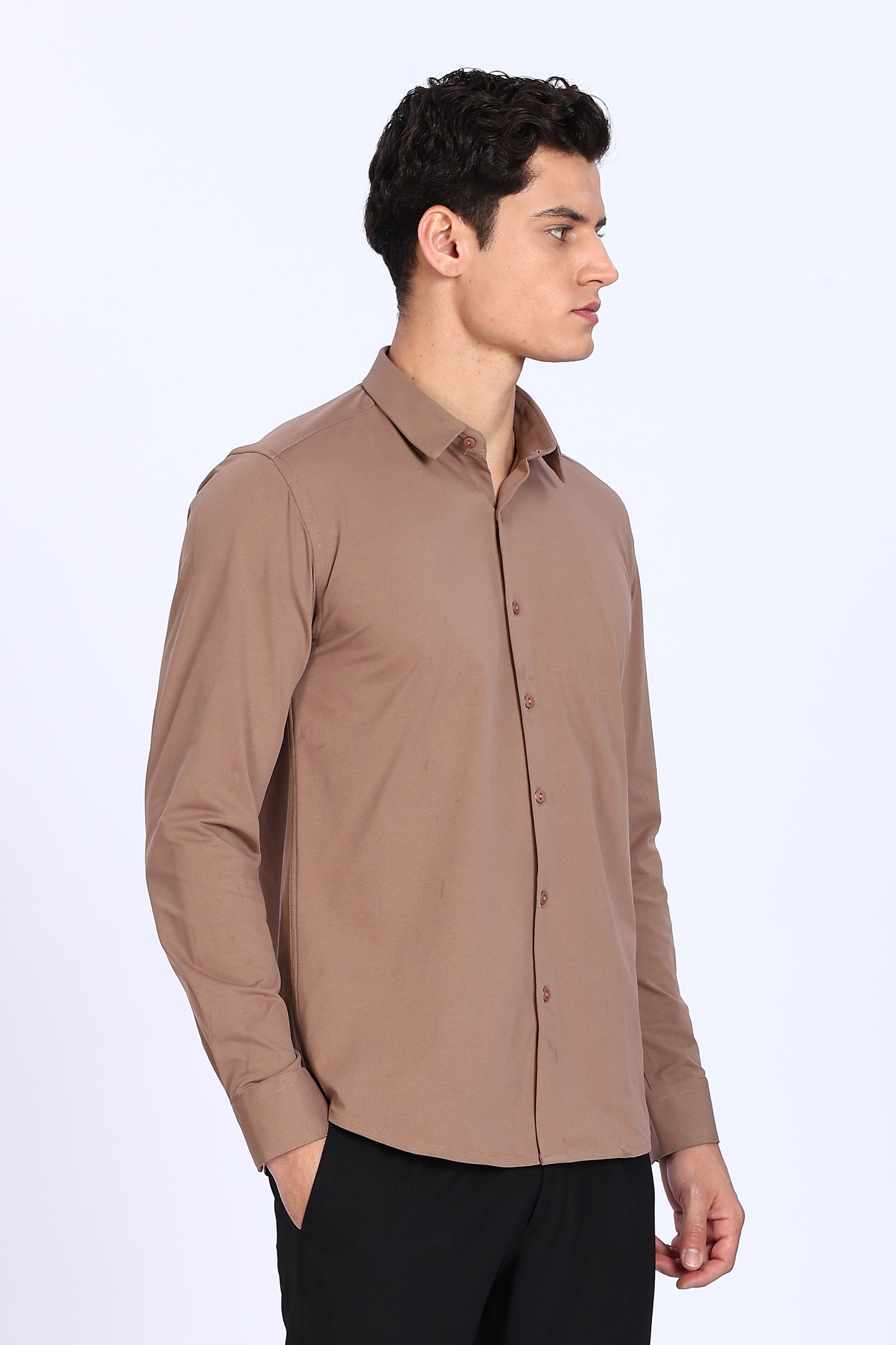 Regular Fit Light Brown 4 Way Lycra Solid Shirt