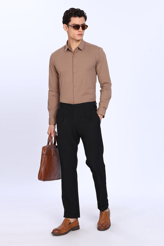 Regular Fit Light Brown 4 Way Lycra Solid Shirt