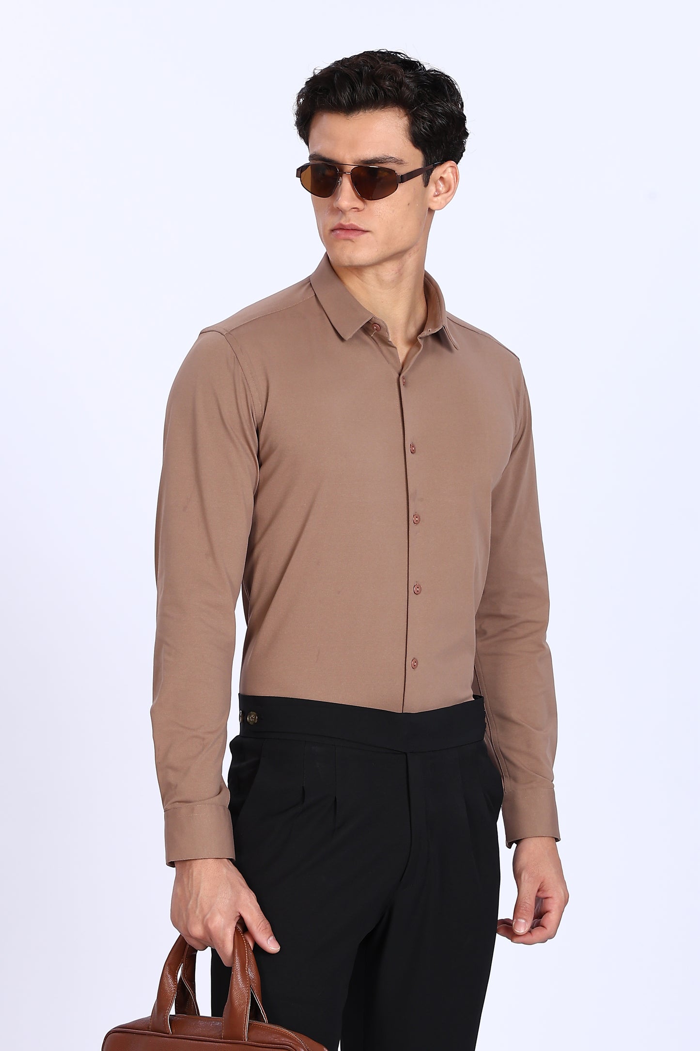 Regular Fit Light Brown 4 Way Lycra Solid Shirt