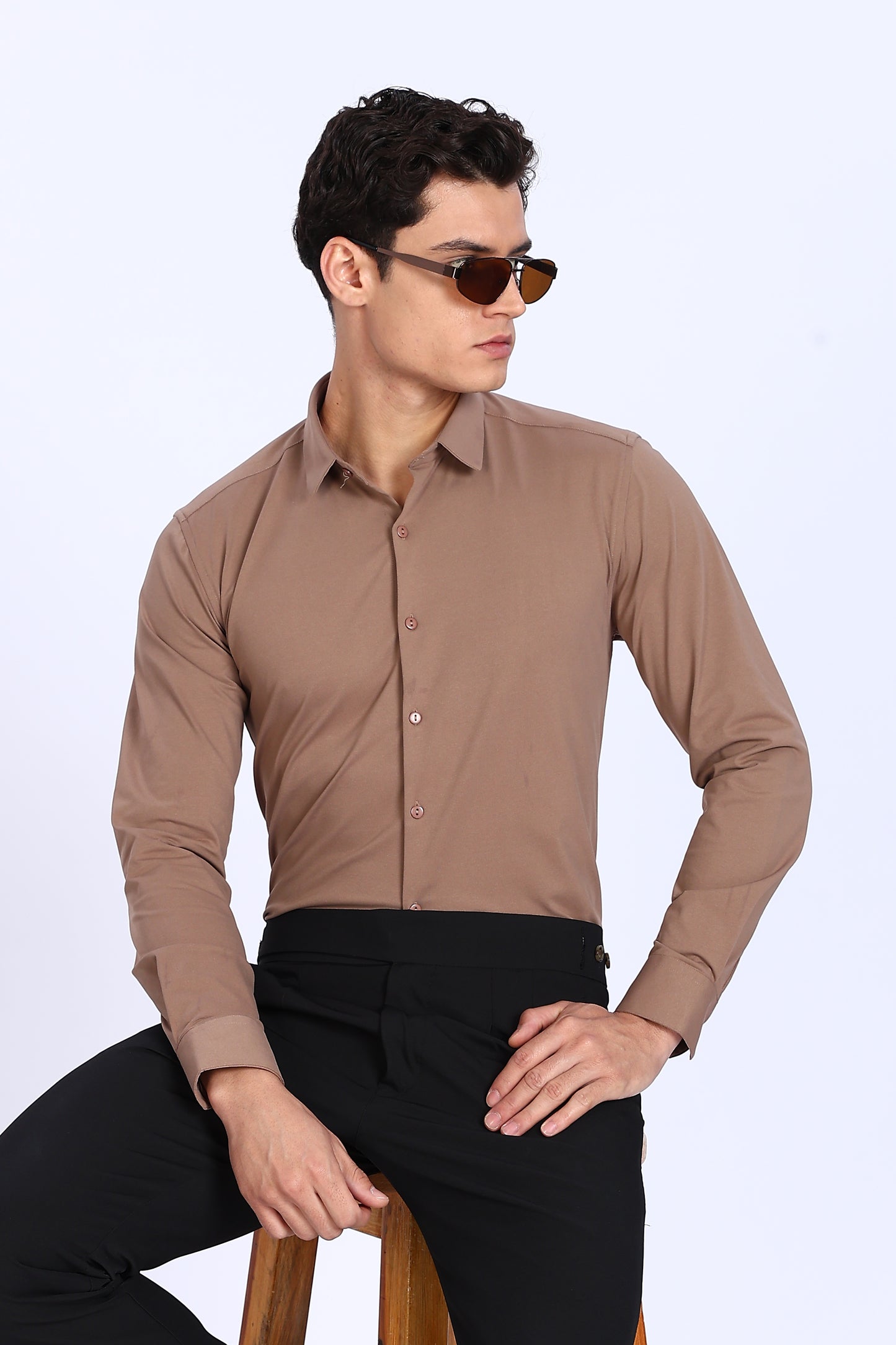 Regular Fit Light Brown 4 Way Lycra Solid Shirt