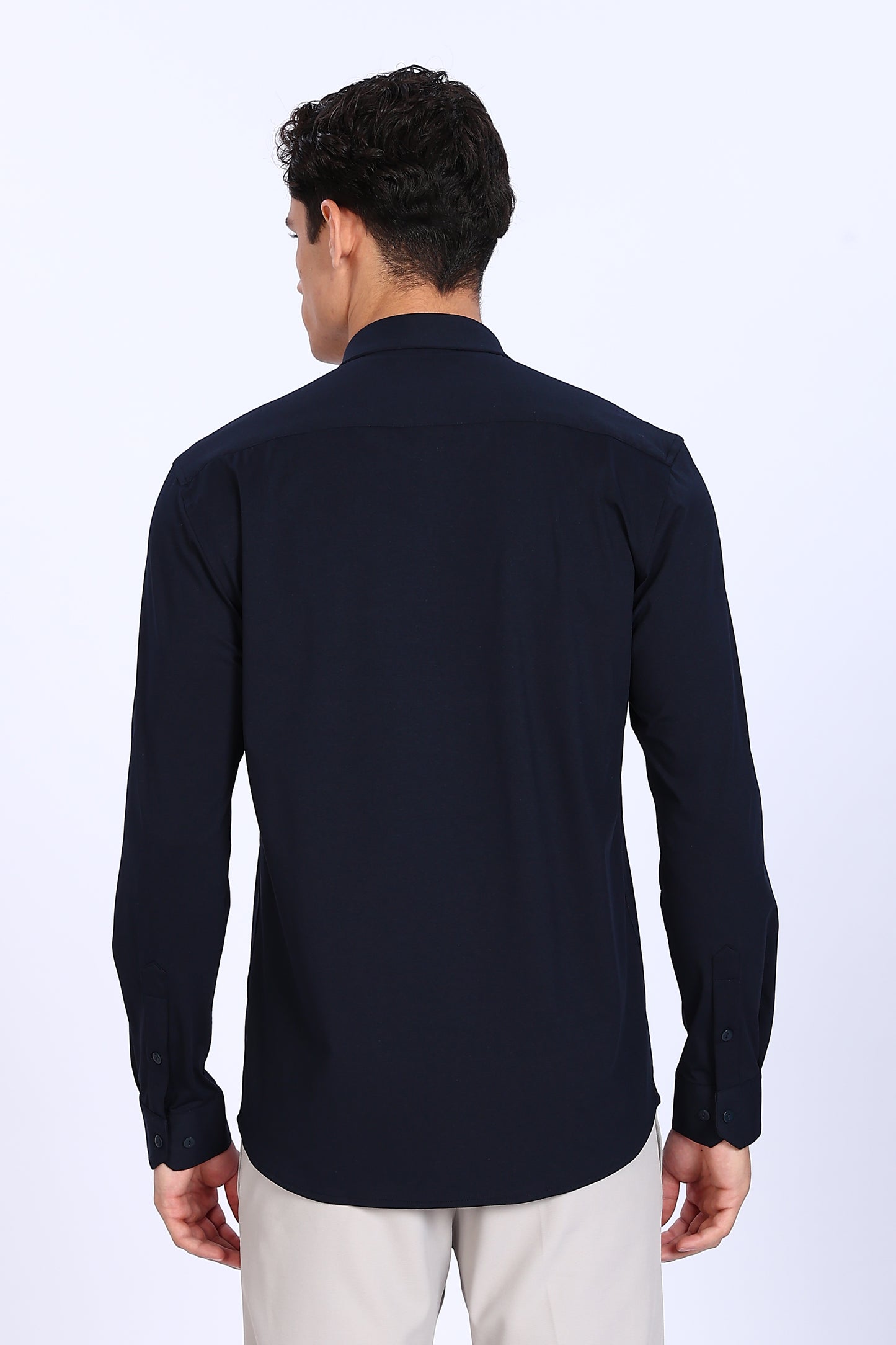 Regular Fit Navy Blue Solid 4 Way Lycra Shirt