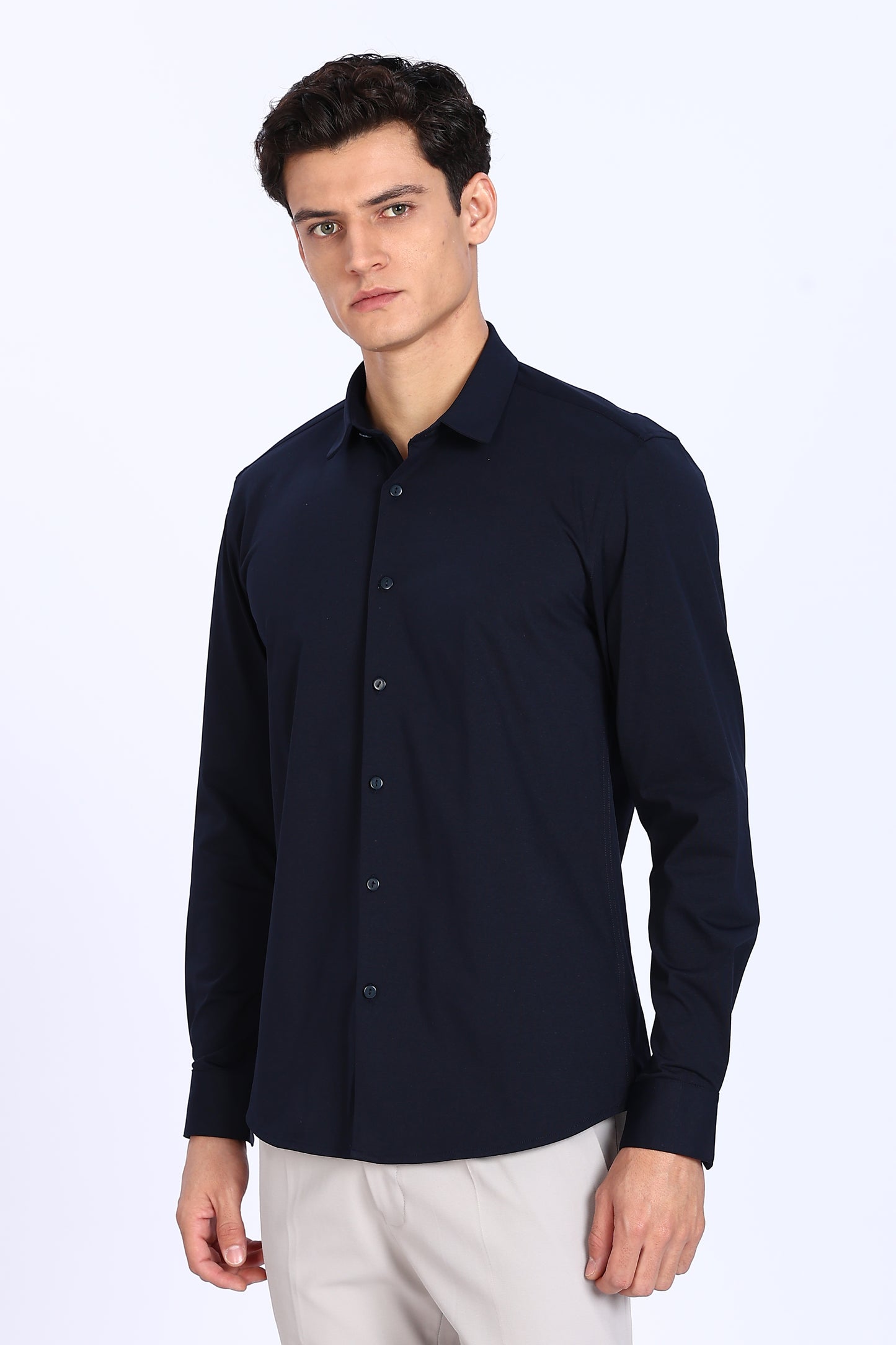 Regular Fit Navy Blue Solid 4 Way Lycra Shirt