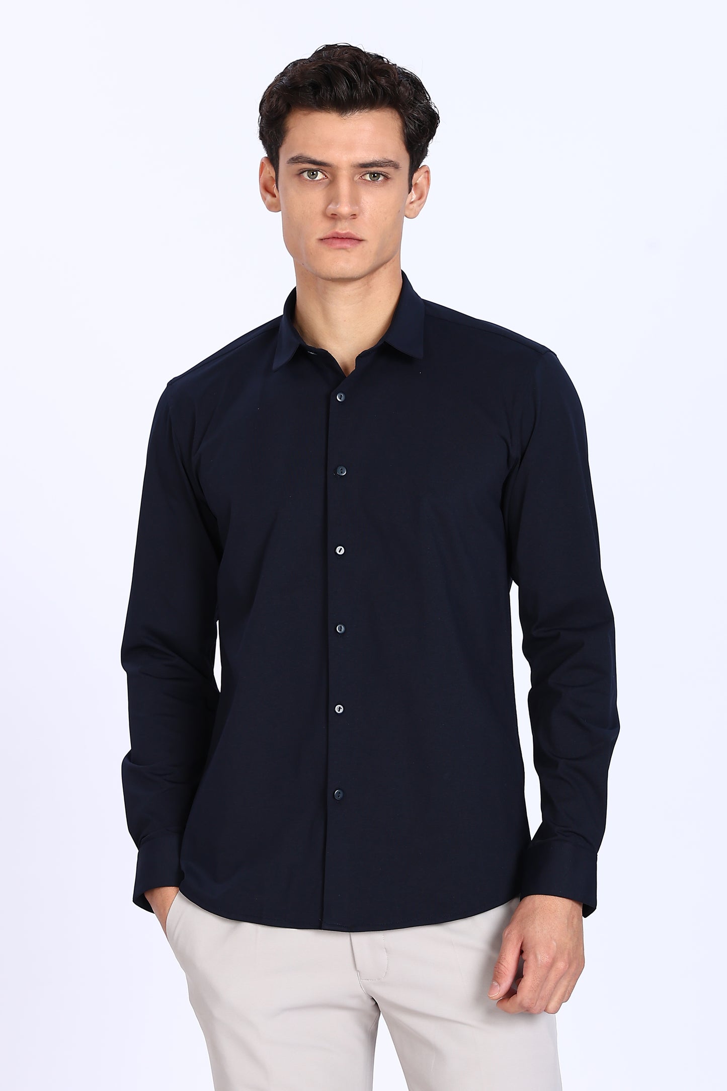 Regular Fit Navy Blue Solid 4 Way Lycra Shirt