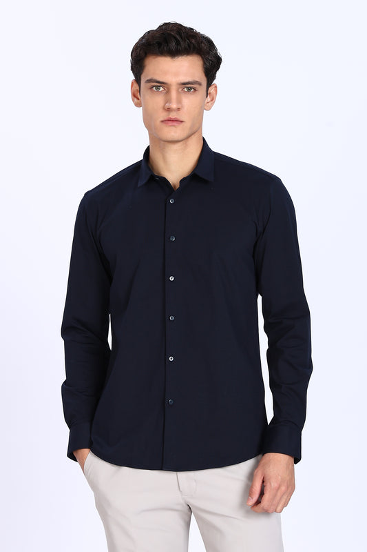 Regular Fit Navy Blue Solid 4 Way Lycra Shirt