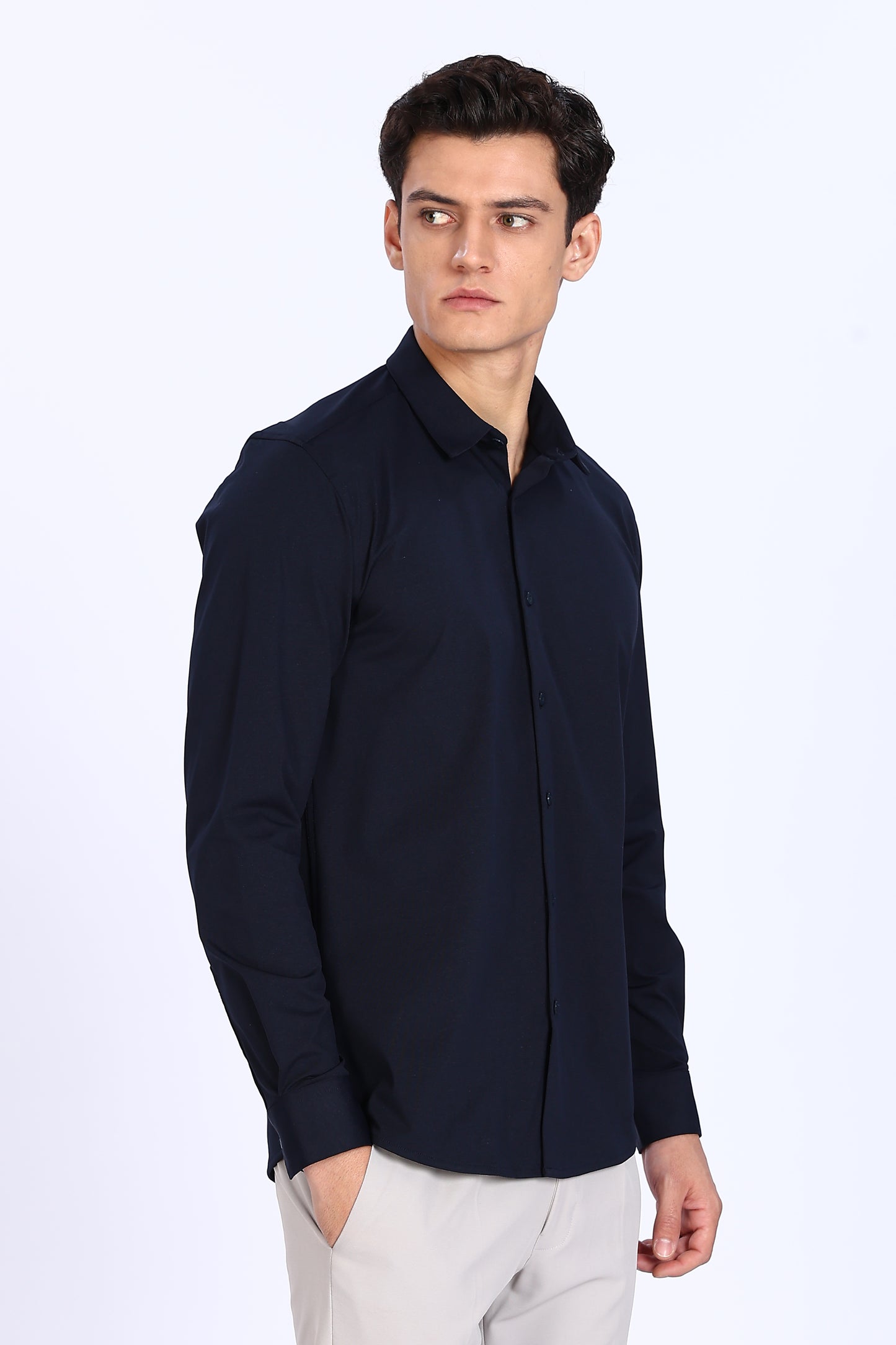Regular Fit Navy Blue Solid 4 Way Lycra Shirt