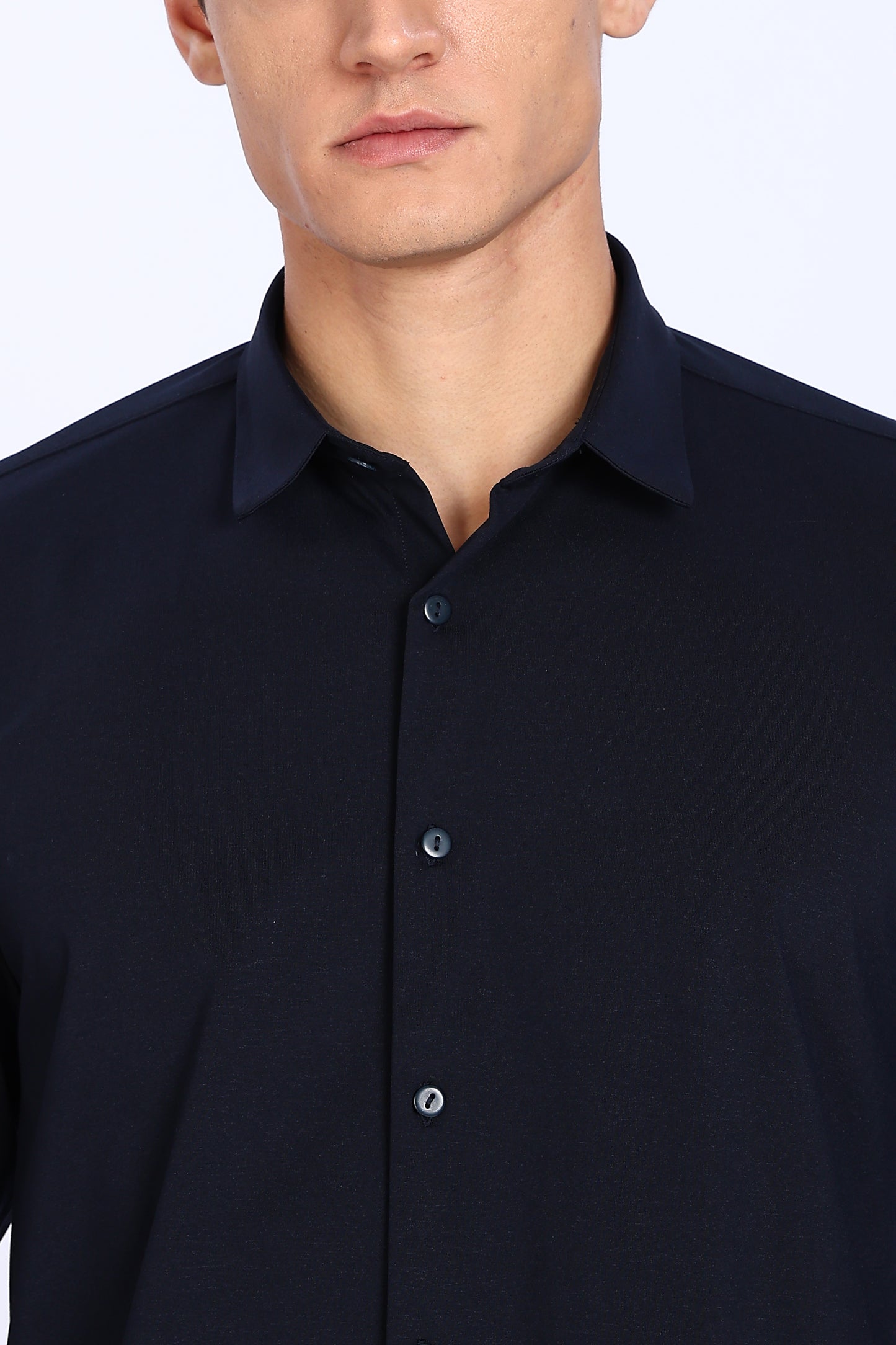 Regular Fit Navy Blue Solid 4 Way Lycra Shirt