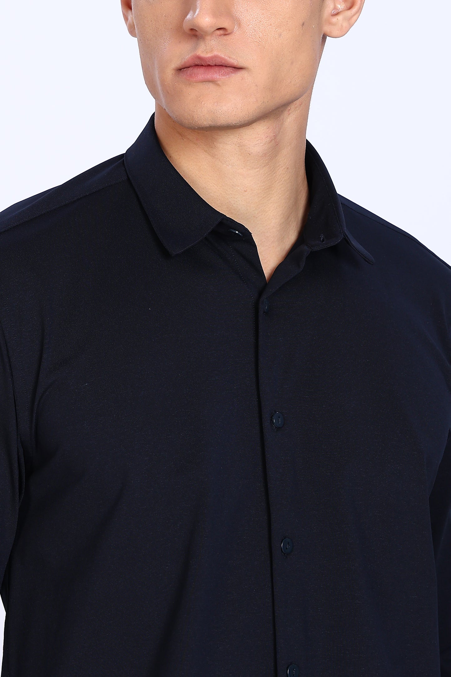Regular Fit Navy Blue Solid 4 Way Lycra Shirt