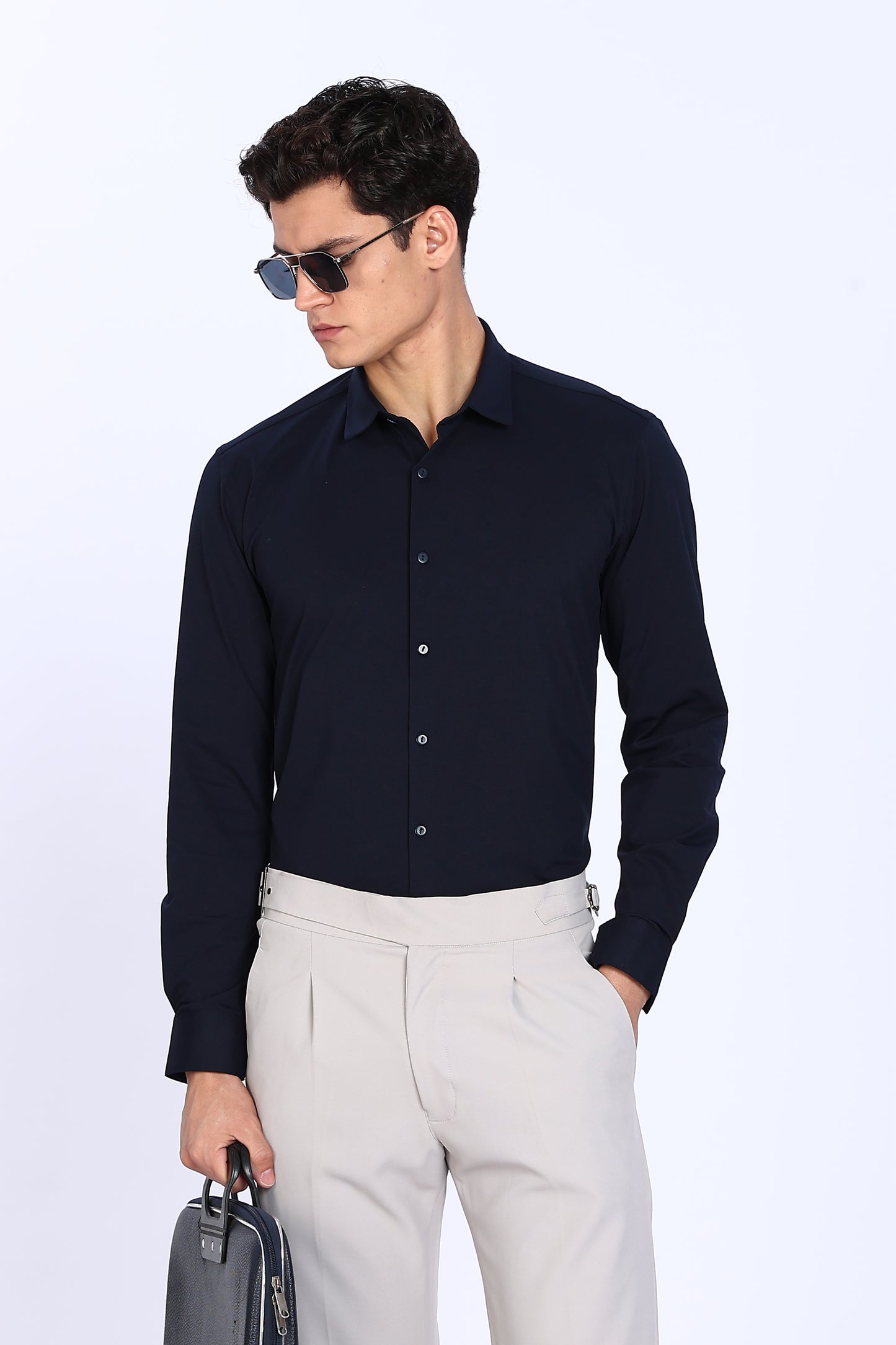 Regular Fit Navy Blue Solid 4 Way Lycra Shirt