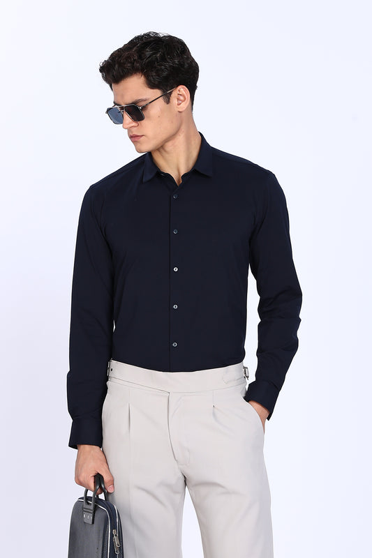 Regular Fit Navy Blue Solid 4 Way Lycra Shirt