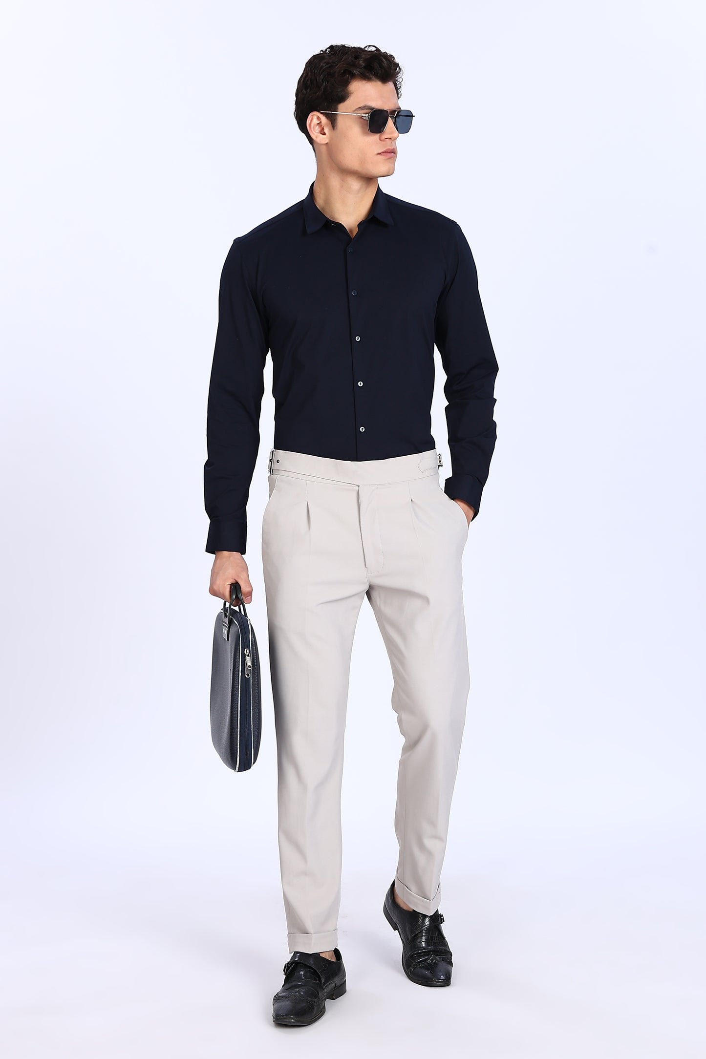 Regular Fit Navy Blue Solid 4 Way Lycra Shirt