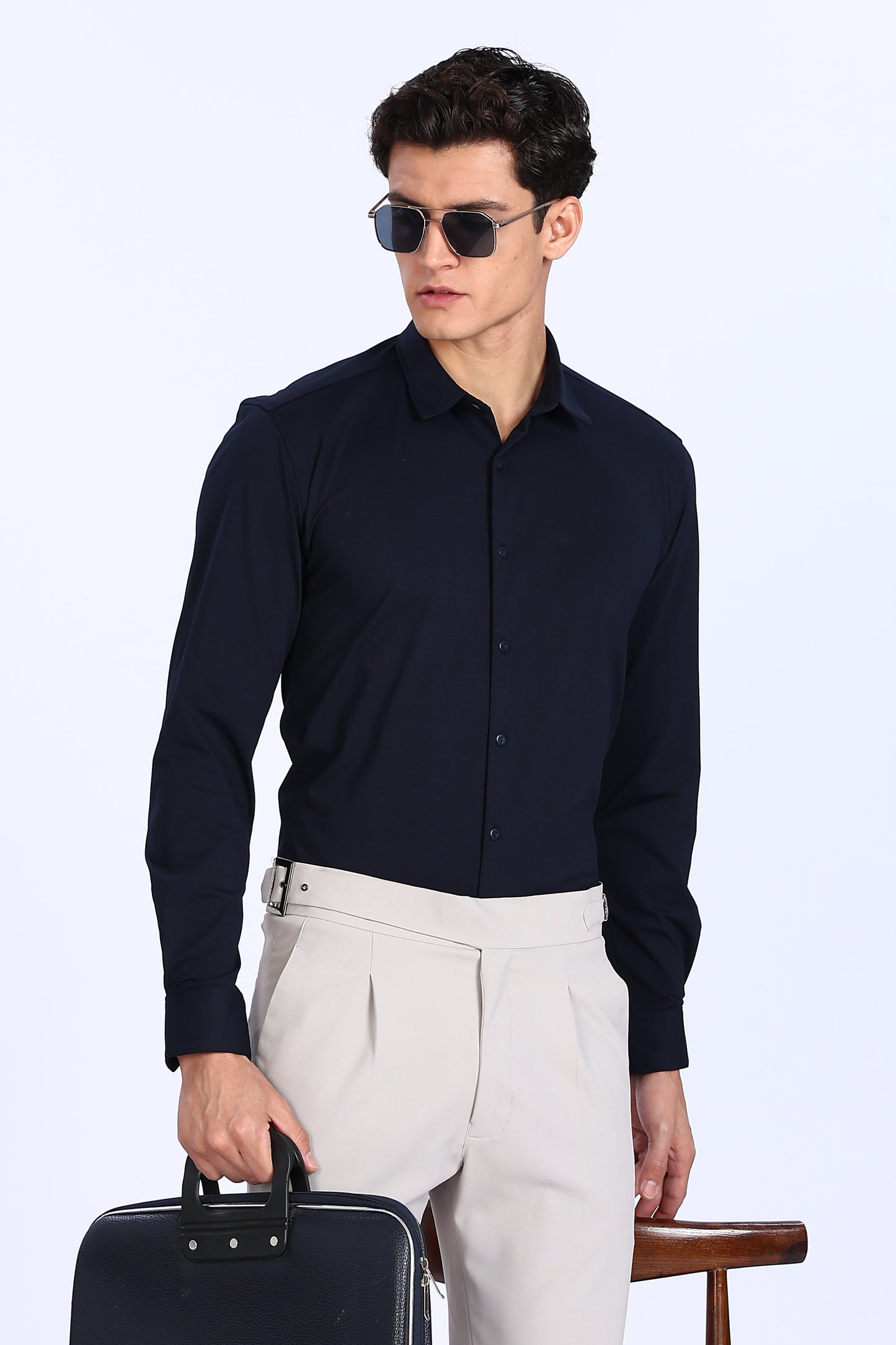 Regular Fit Navy Blue Solid 4 Way Lycra Shirt