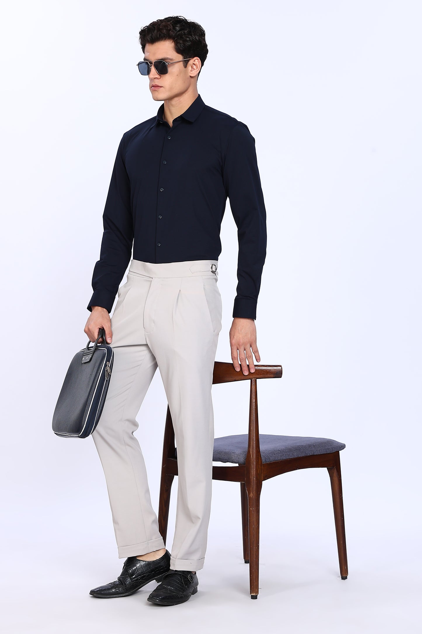 Regular Fit Navy Blue Solid 4 Way Lycra Shirt