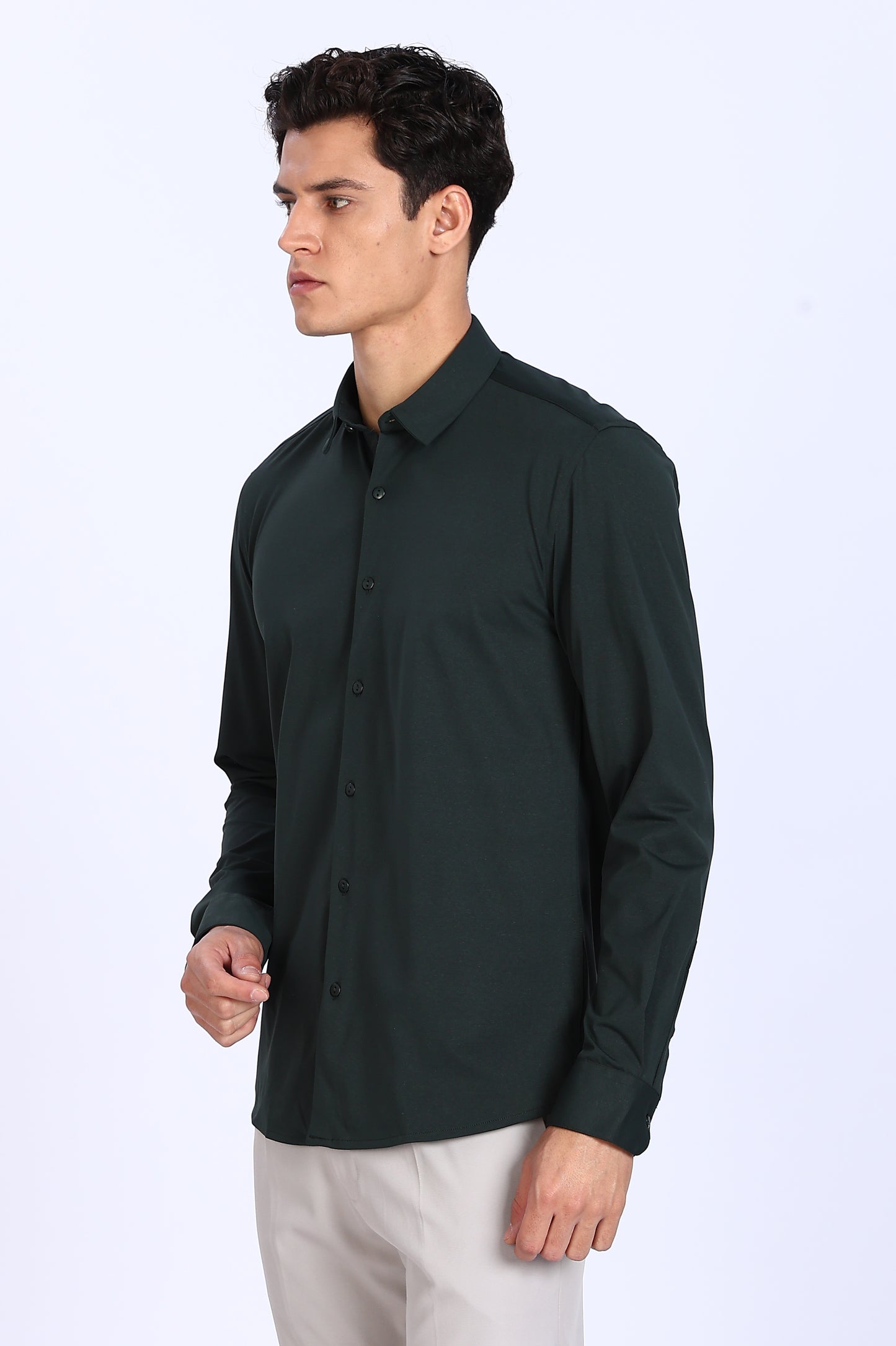 Regular Fit Deep Green 4 Way Lycra Shirt