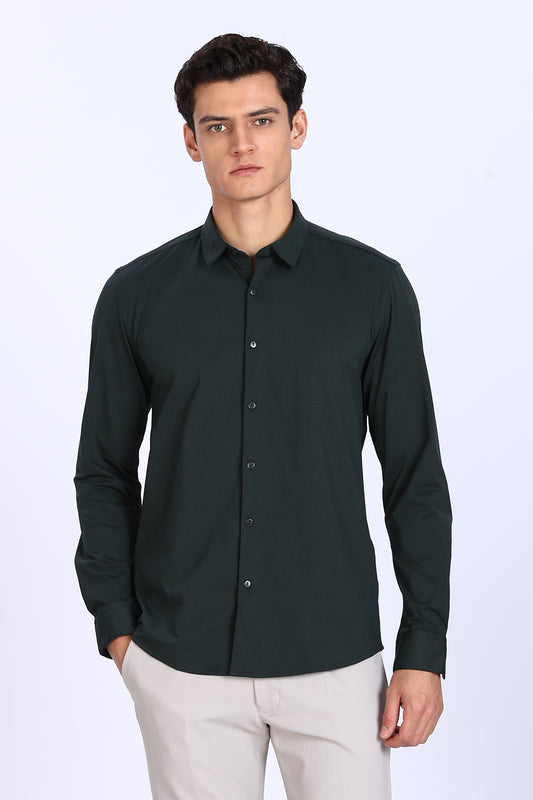 Regular Fit Deep Green 4 Way Lycra Shirt
