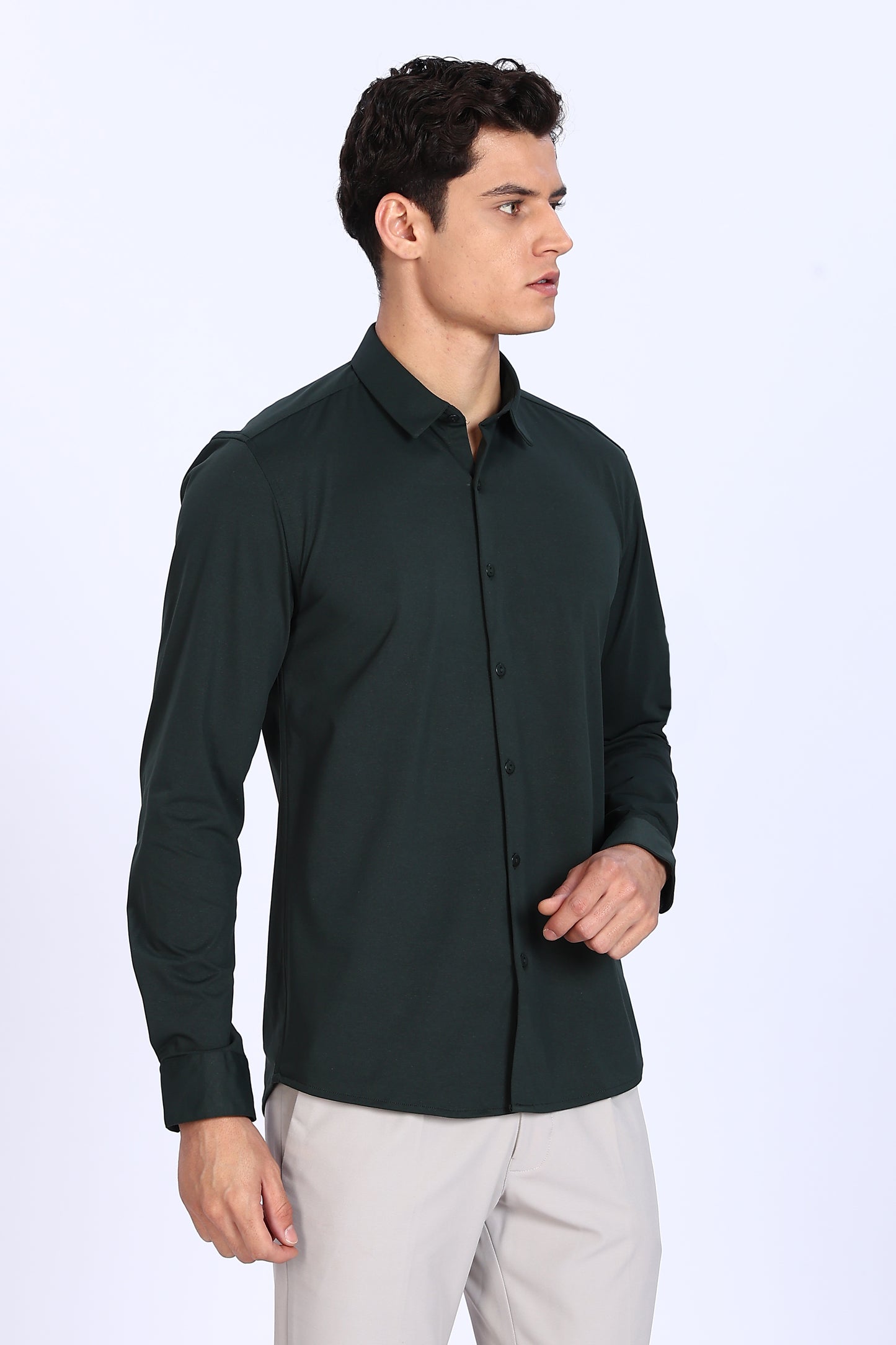 Regular Fit Deep Green 4 Way Lycra Shirt