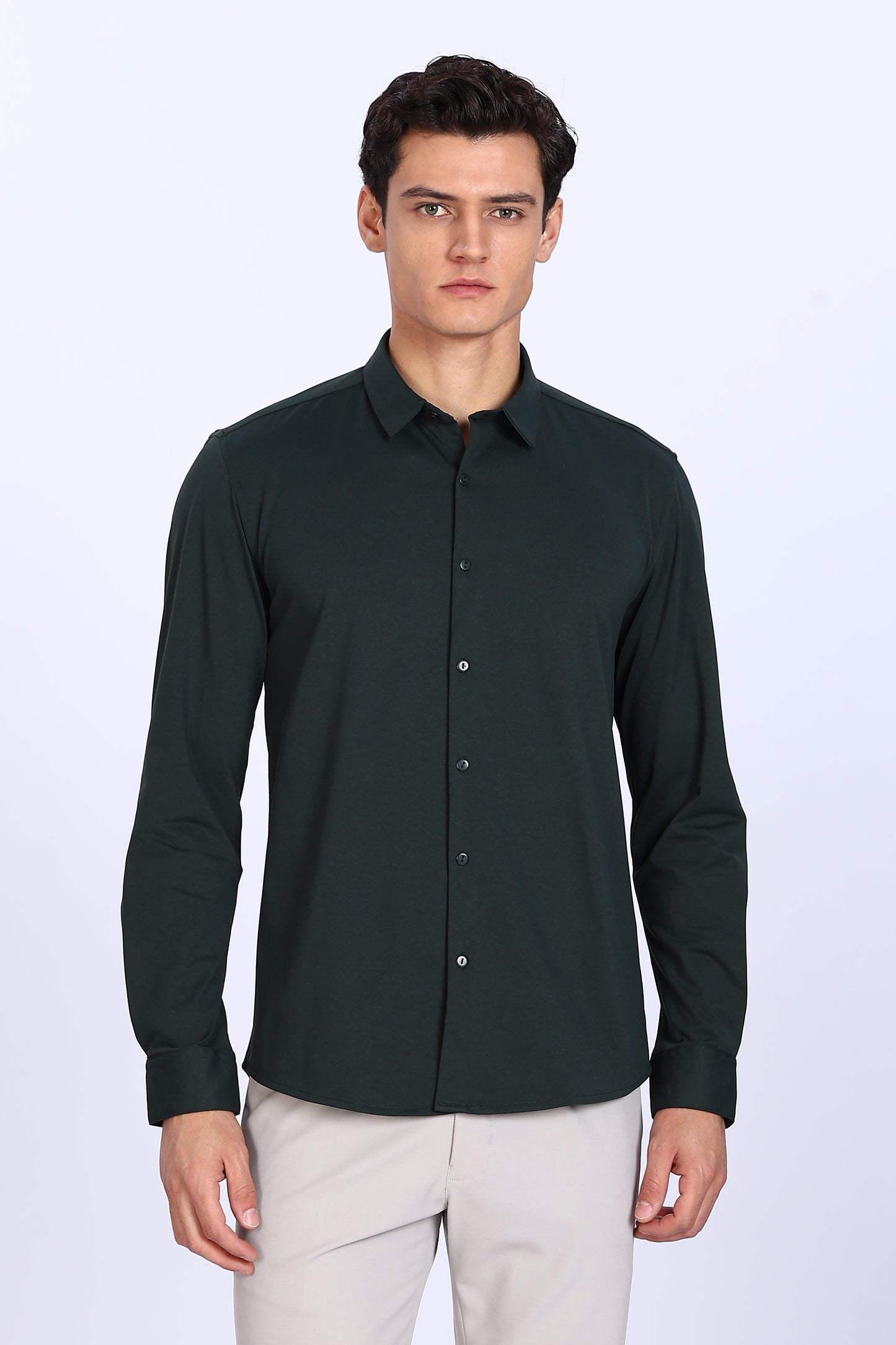 Regular Fit Deep Green 4 Way Lycra Shirt