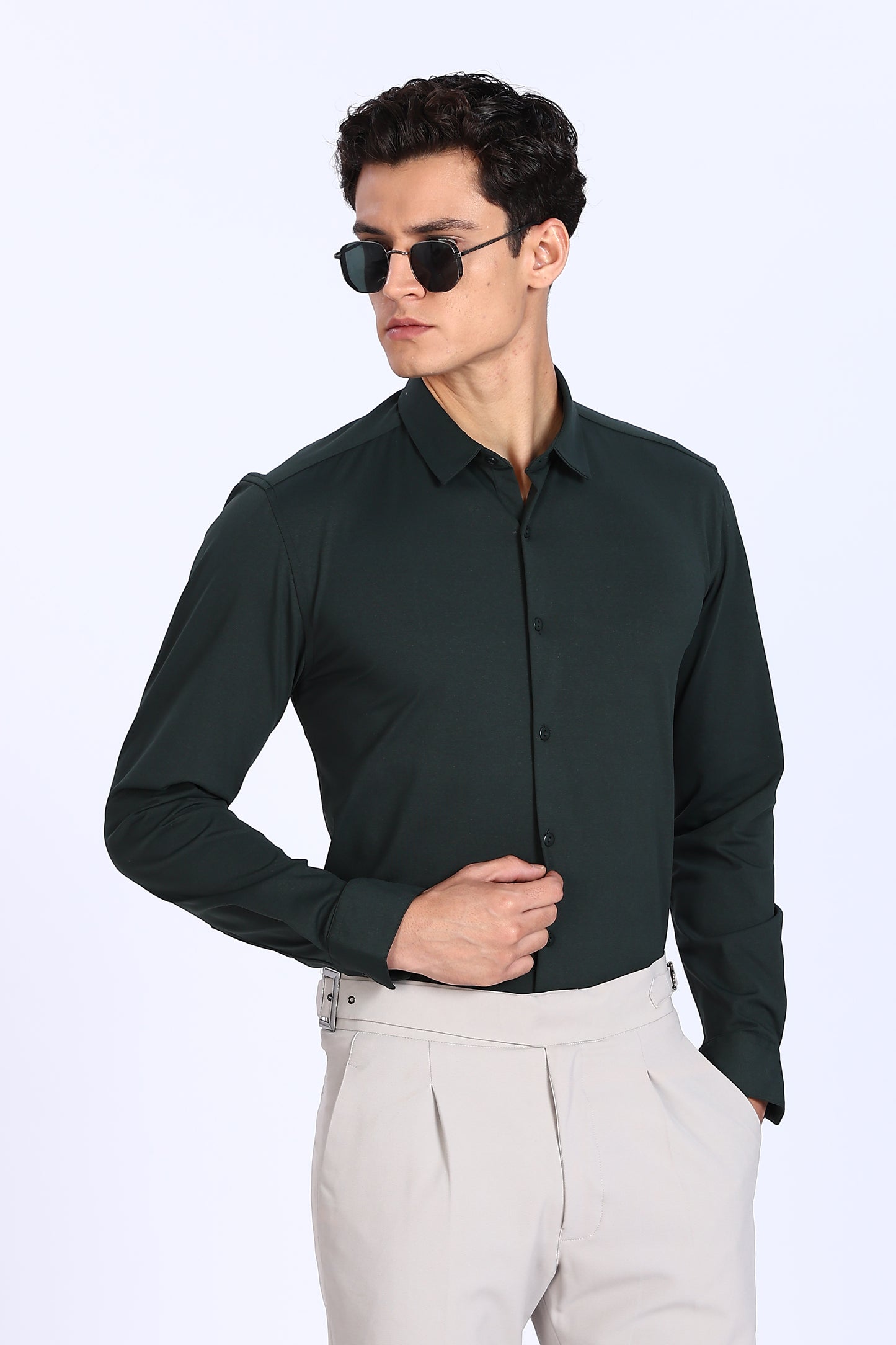 Regular Fit Deep Green 4 Way Lycra Shirt
