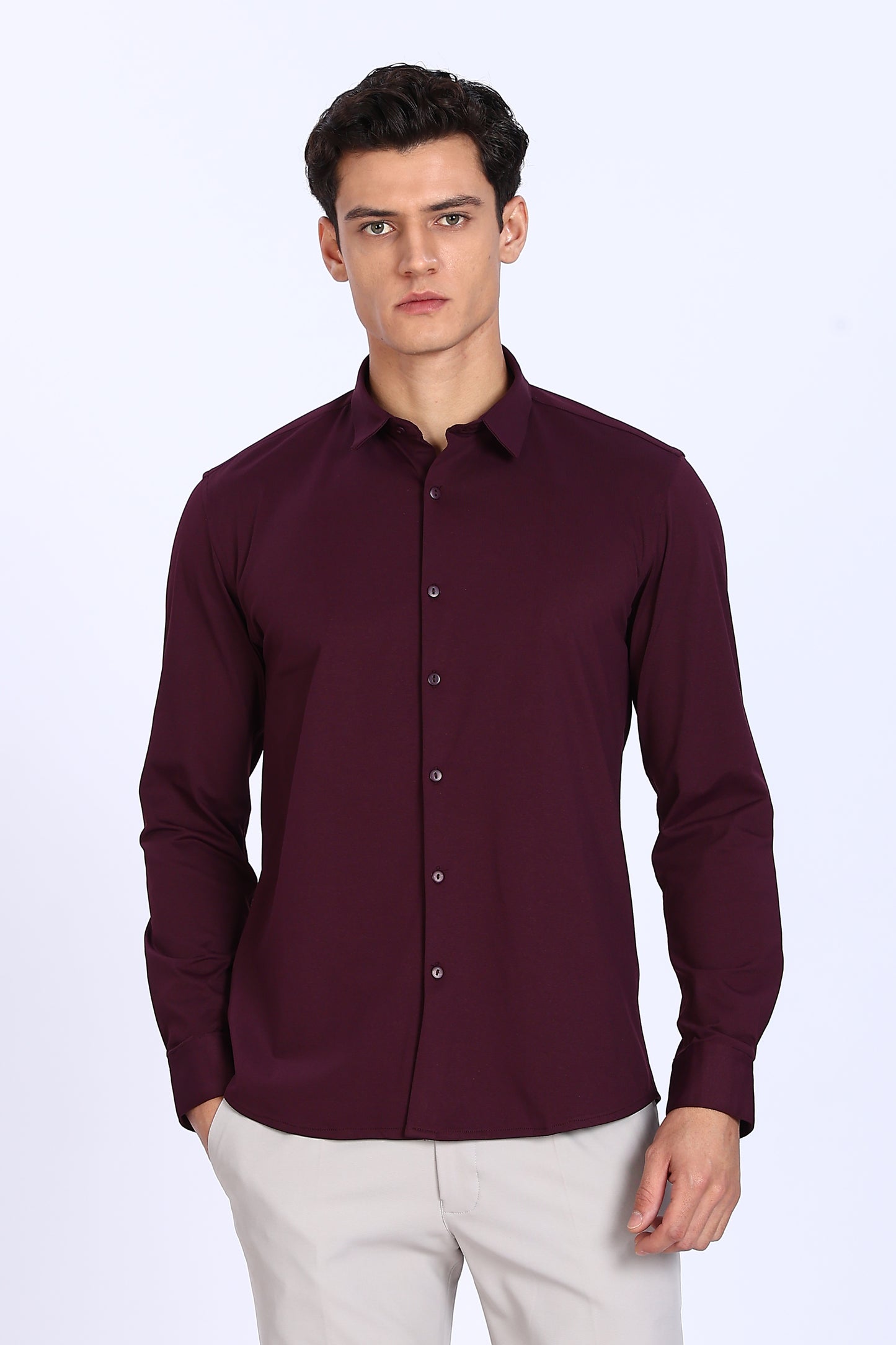 Regular Fit Maroon 4 Way Lycra Hybrid Shirt