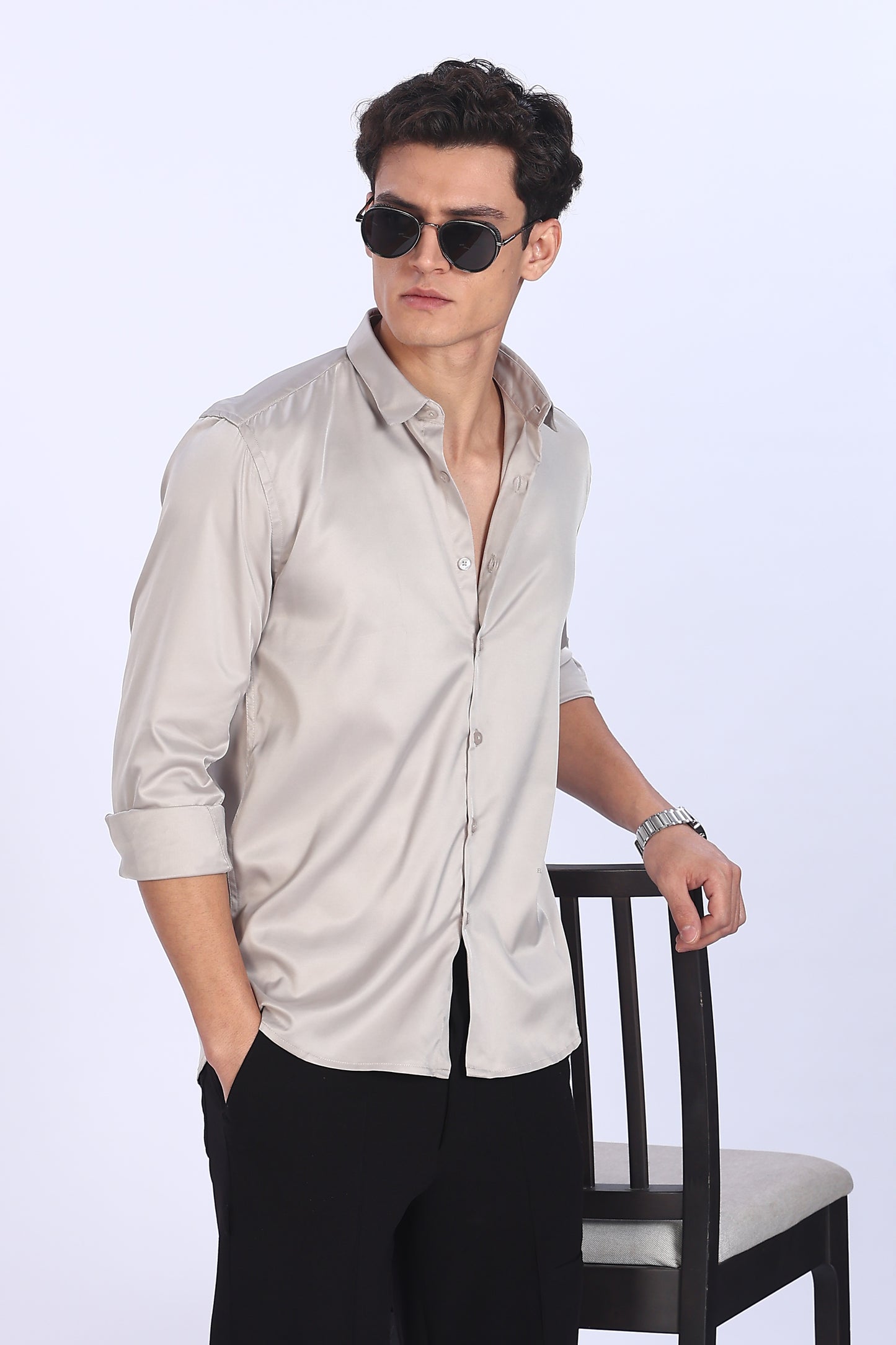 Regular Fit Light Beige Satin Shirt