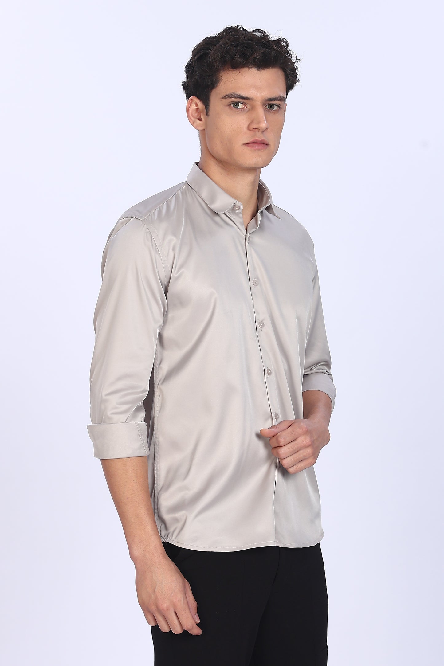 Regular Fit Light Beige Satin Shirt