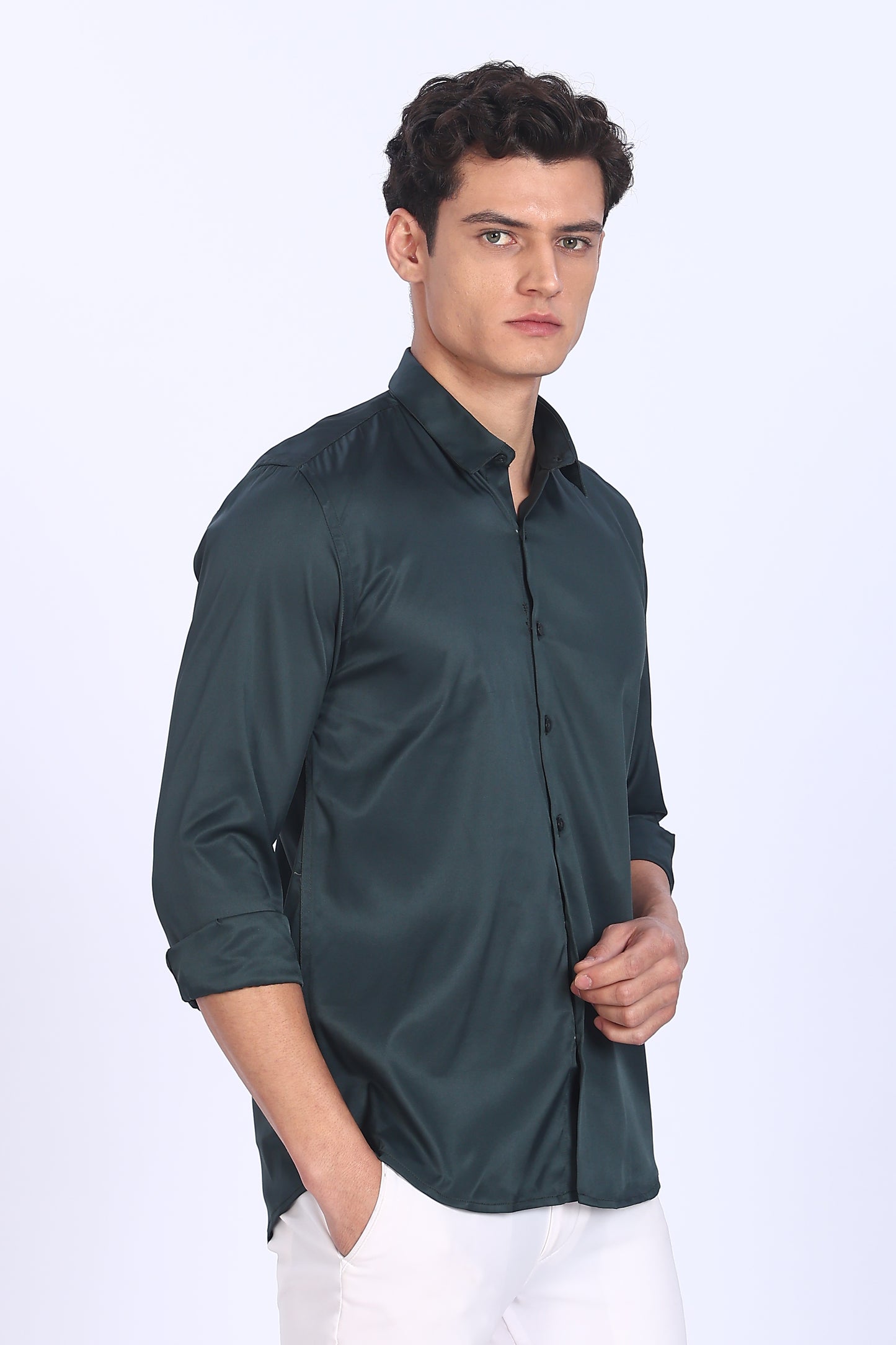 Regular Fit Dark Green Satin Shirt
