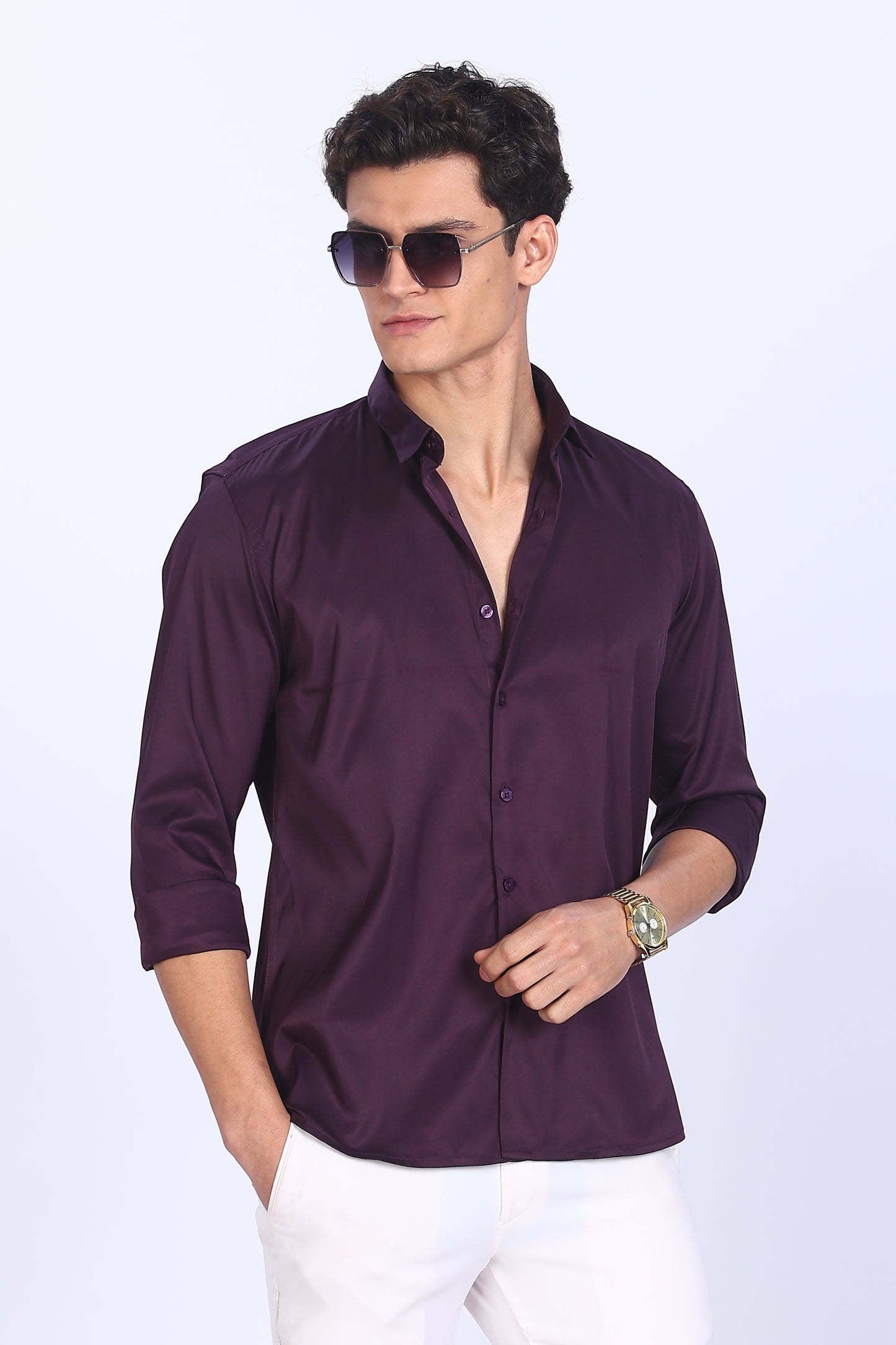 Regular Fit Purple Satin Shirt