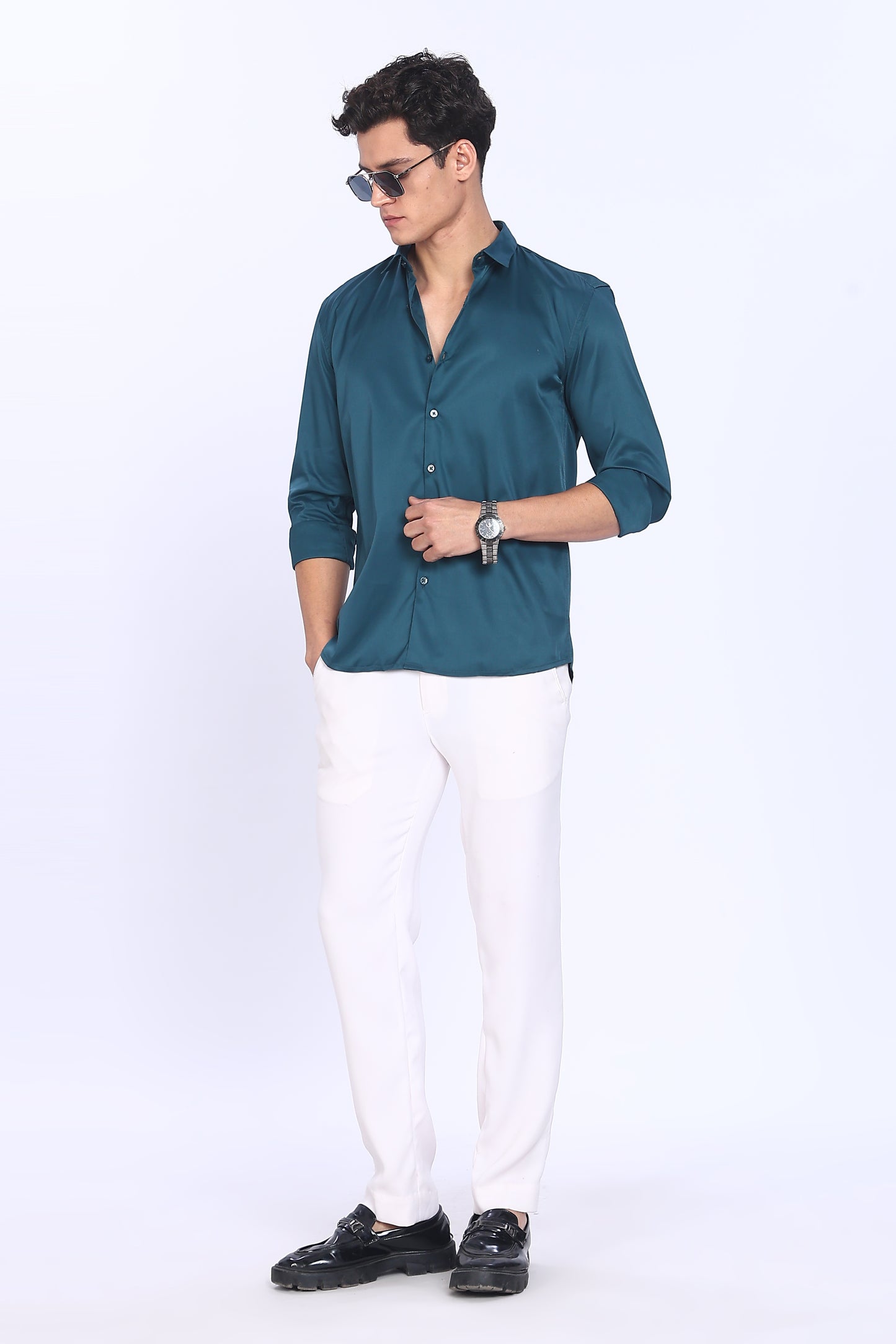 Regular Fit Deep Teal Satin Shirt