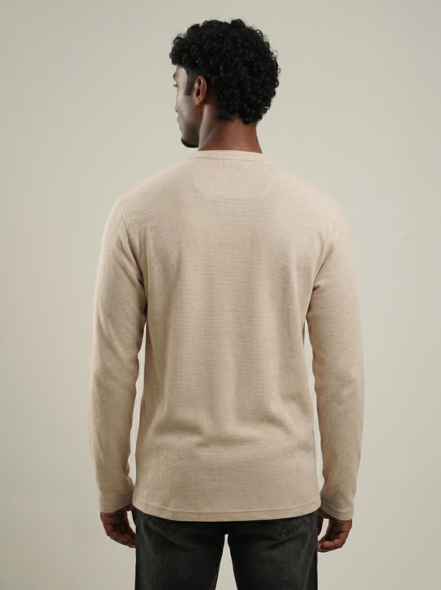 Henley Beige full sleeve loose comfort fit Tee