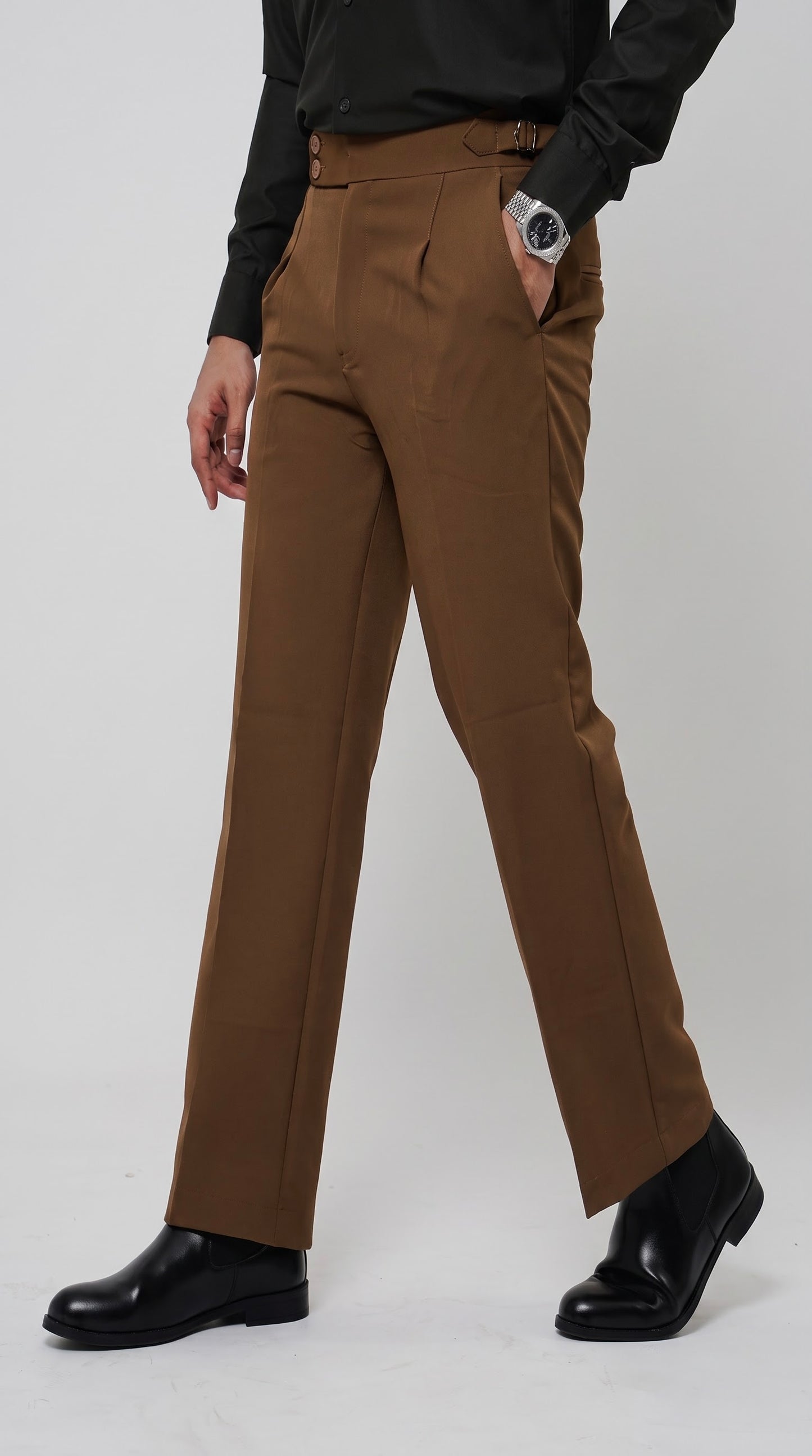 Pleated Caramel Brown Gurkha Straight fit Trousers