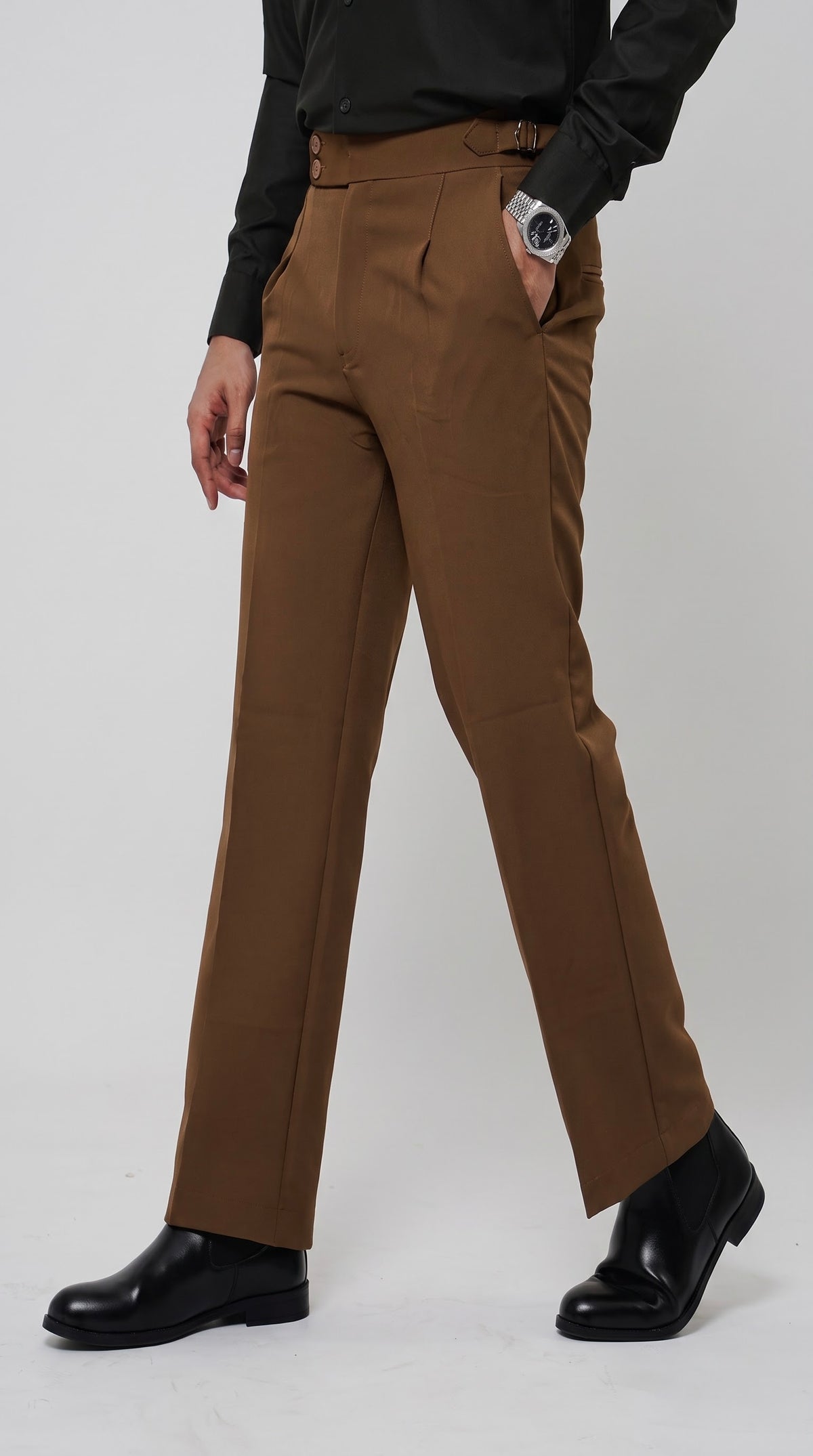 Pleated Caramel Brown Gurkha Straight fit Trousers
