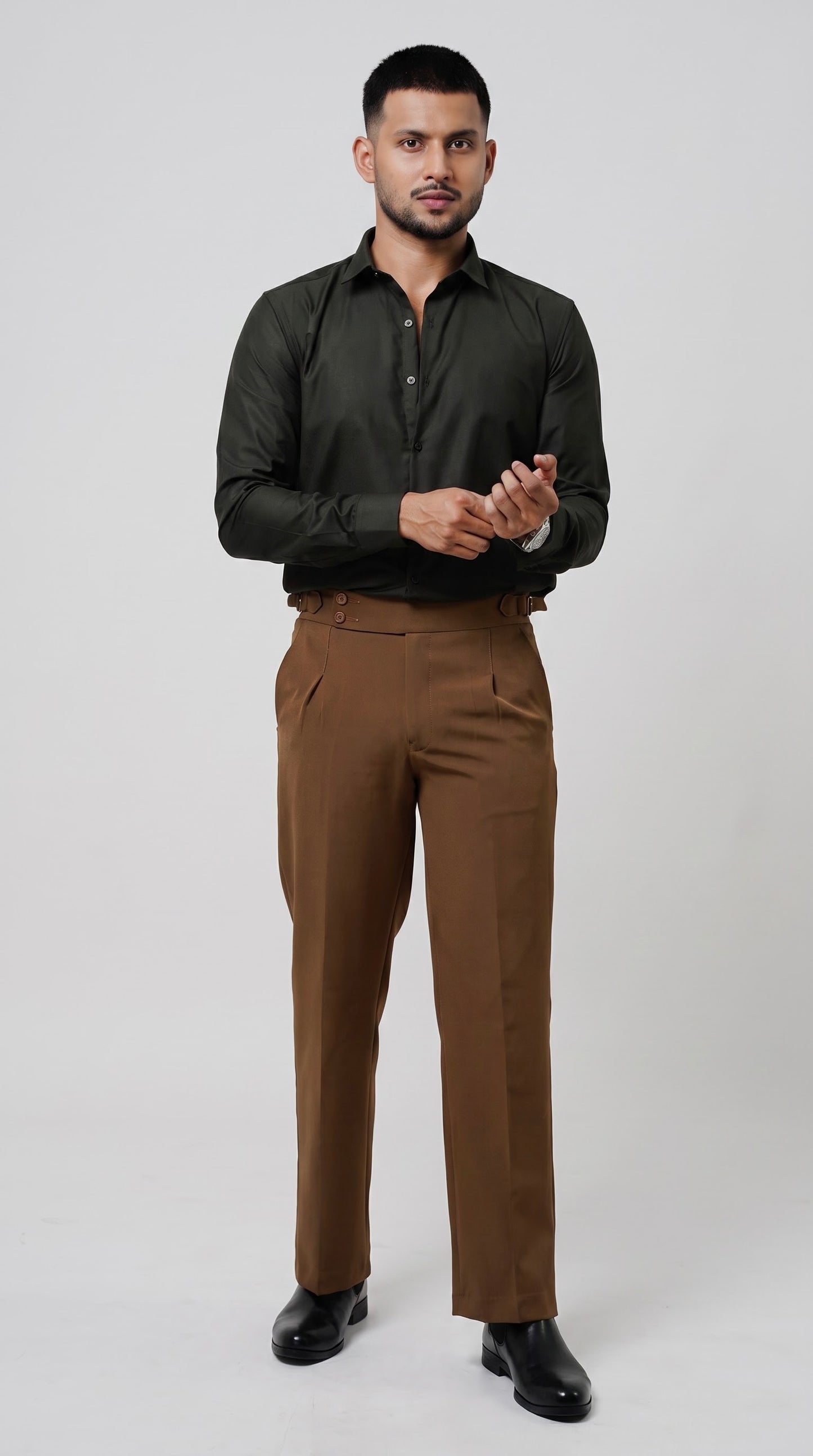 Pleated Caramel Brown Gurkha Straight fit Trousers