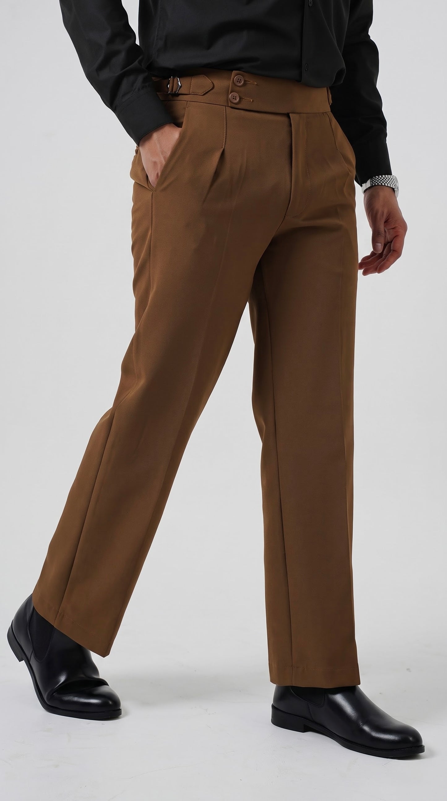 Pleated Caramel Brown Gurkha Straight fit Trousers