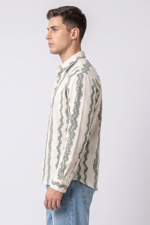 Green Embroidered Stripe Jute Regular Fit Shirt