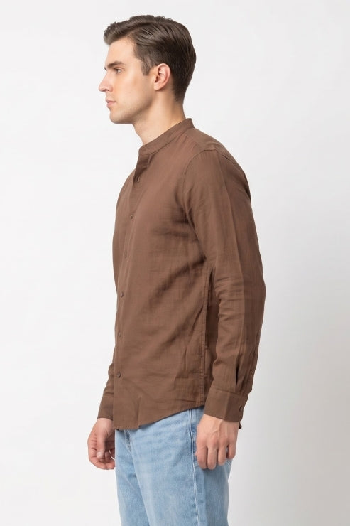 Brown Chinese Collar Regular Fit Shirt
