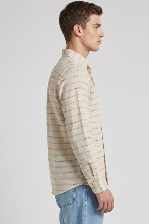 Beige Horizontal Stripe Oxford Shirt