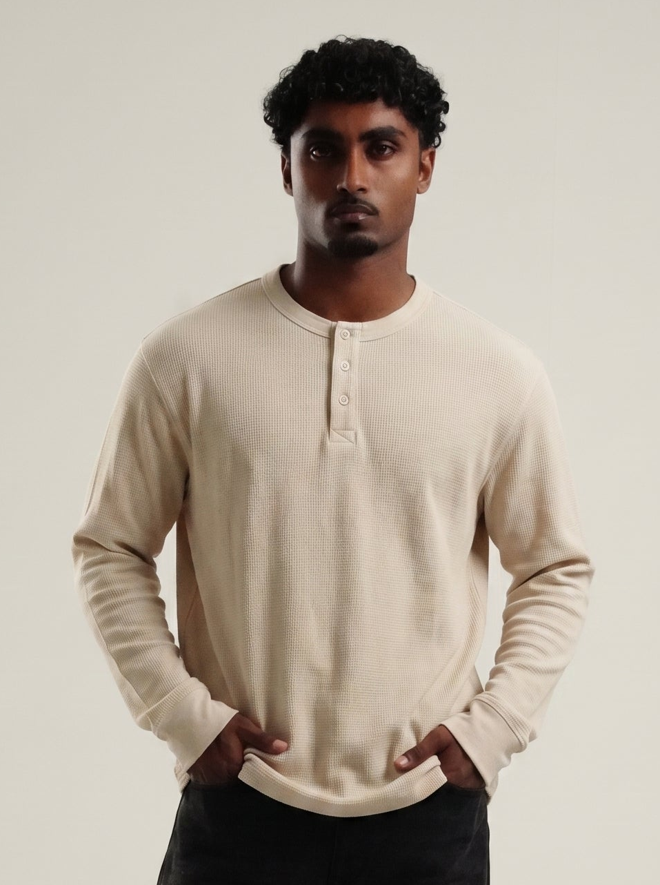 Henley Beige Full Sleeve Loose Comfort Fit Tee