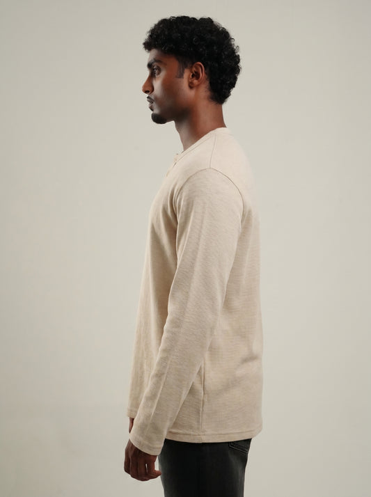Henley Beige full sleeve loose comfort fit Tee