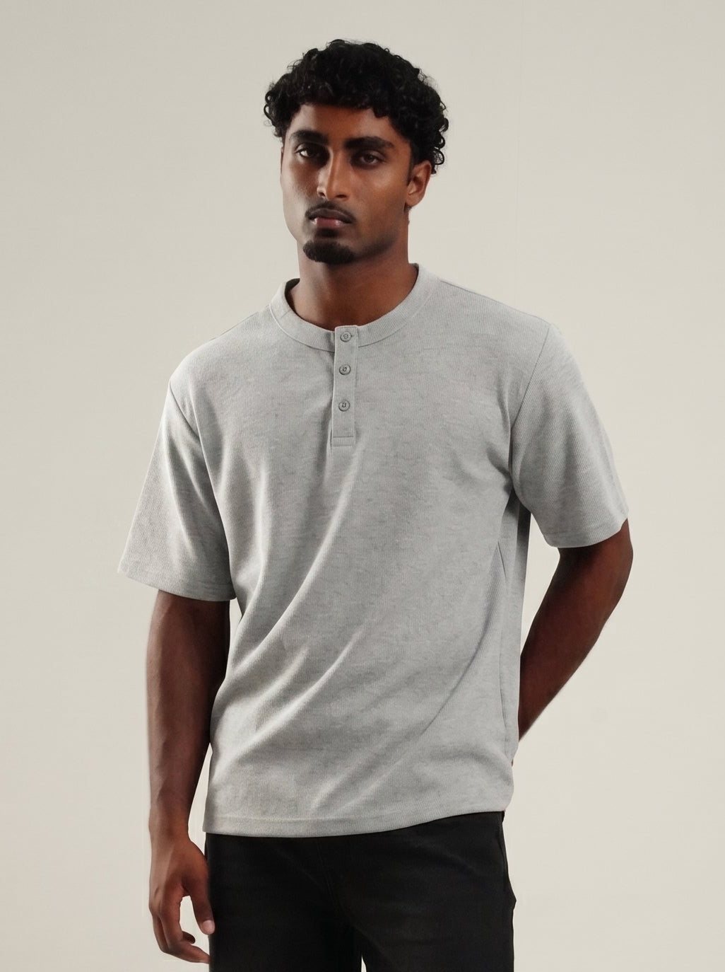 Henley Grey Half Sleeve Loose Comfort Fit Tee