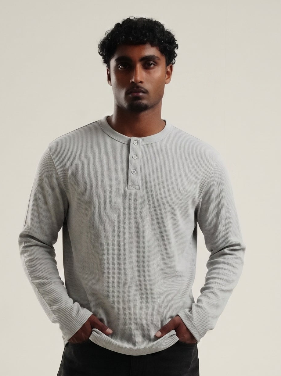 Henley Grey Full Sleeve Loose Comfort Fit Tee