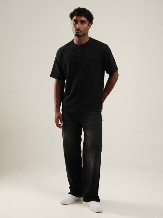 Henley Black half sleeve loose comfort fit Tee