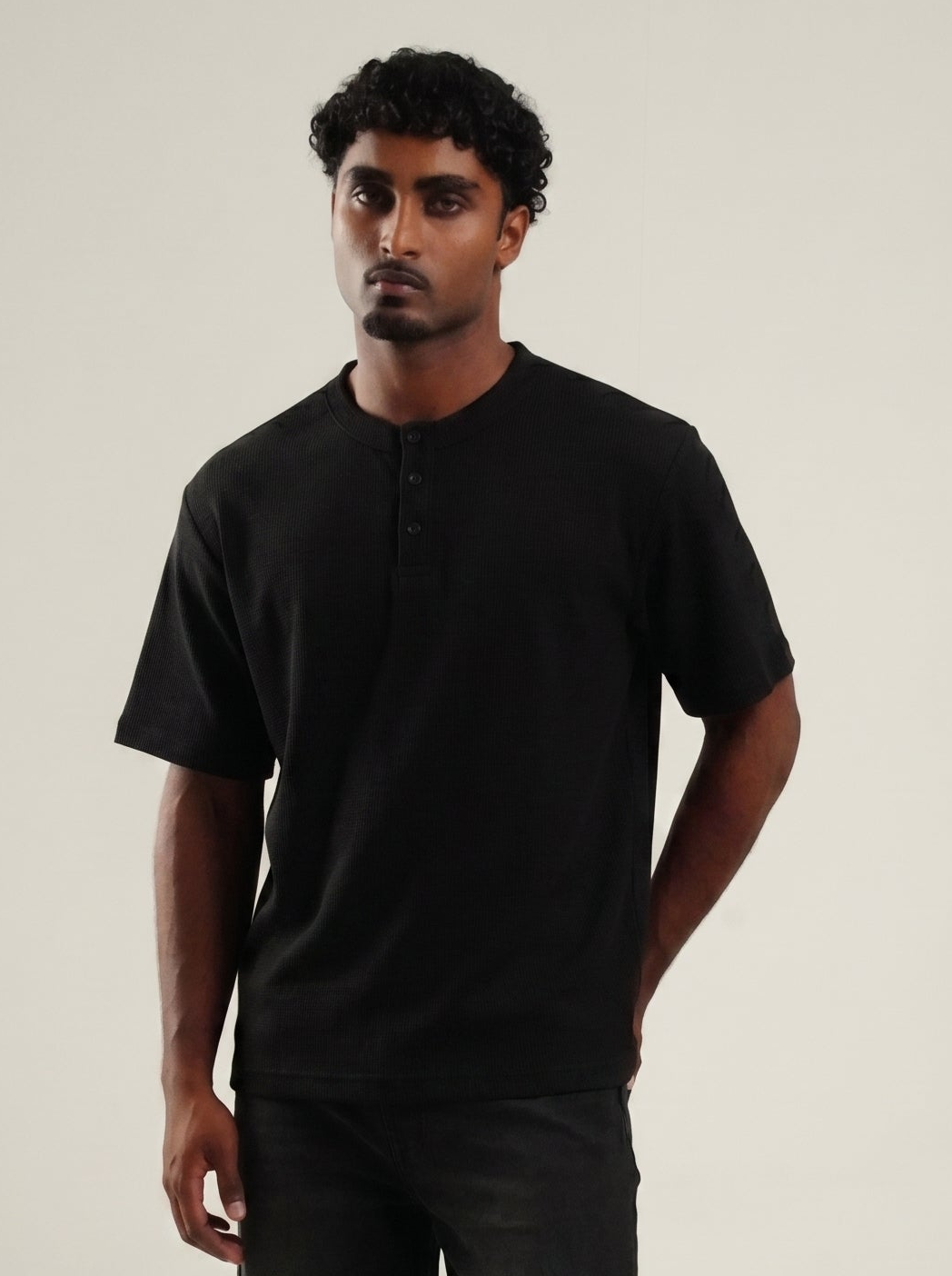 Henley Black Half Sleeve Loose Comfort Fit Tee