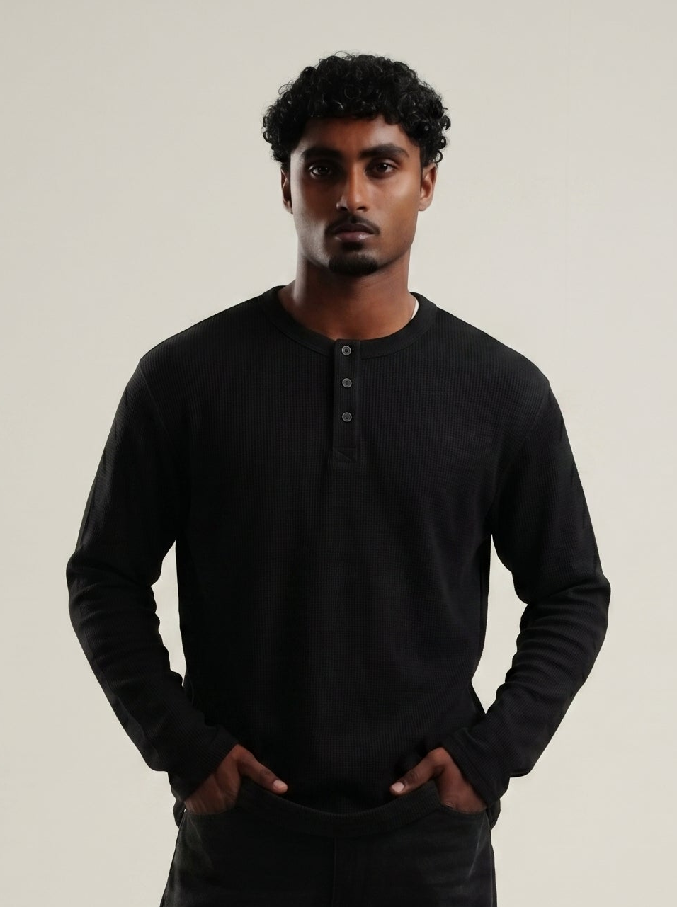 Henley Black Full Sleeve Loose Comfort Fit Tee