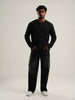 Henley Black Full Sleeve Loose Comfort Fit Tee
