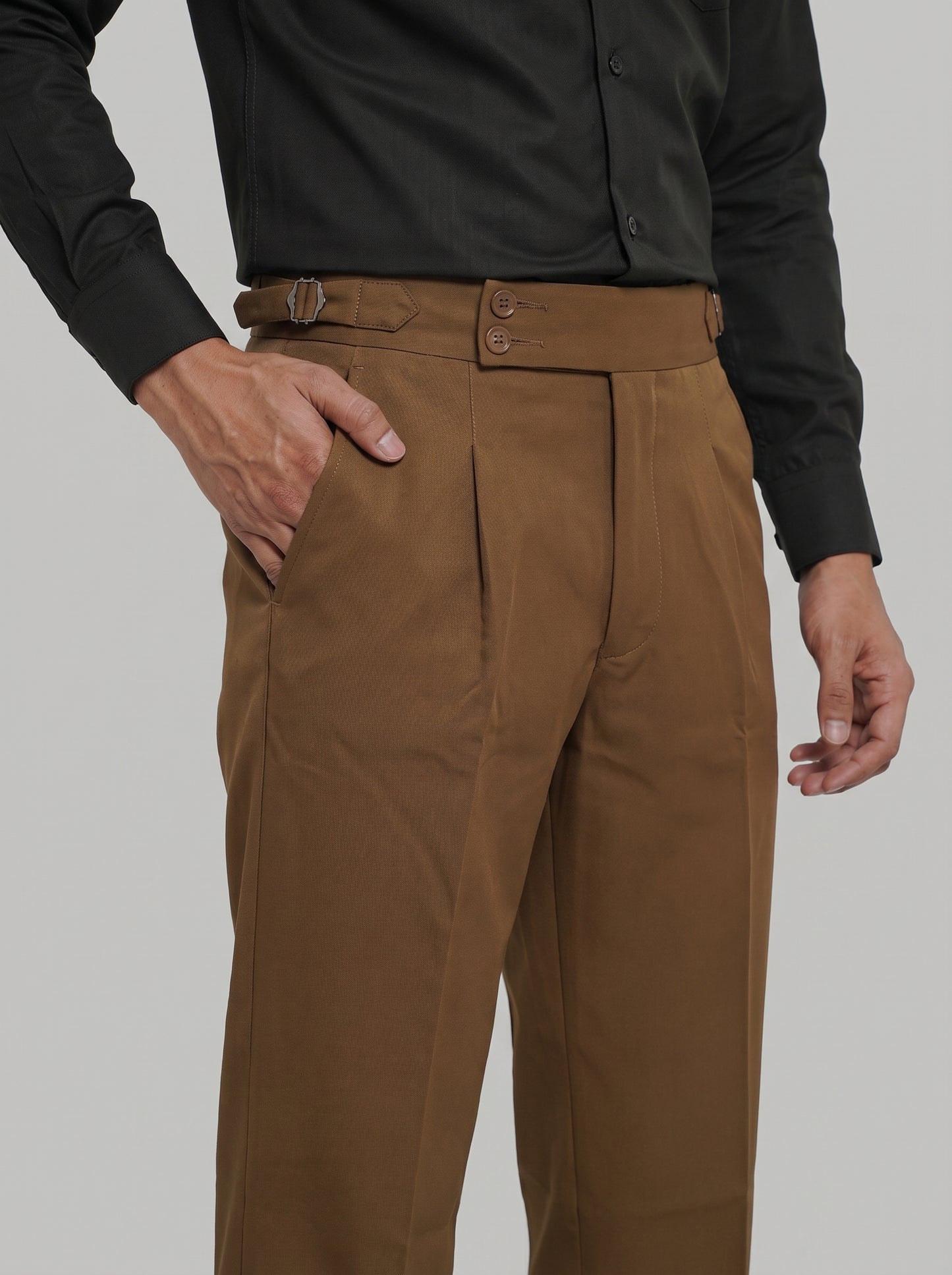 Pleated Chocolate Brown Gurkha Straight fit Trousers