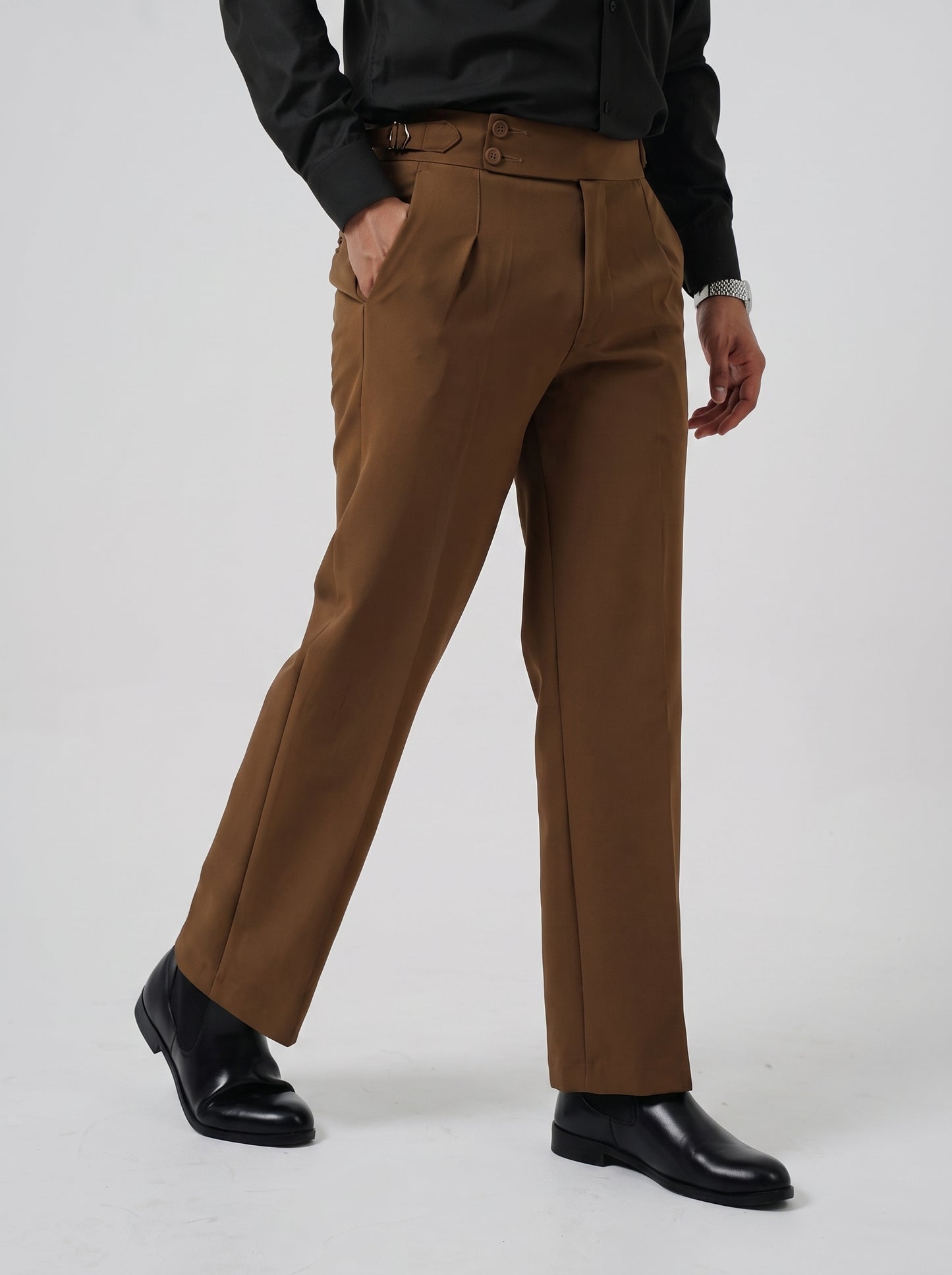 Pleated Chocolate Brown Gurkha Straight fit Trousers