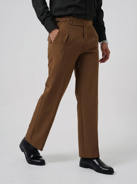 Pleated Chocolate Brown Gurkha Straight fit Trousers